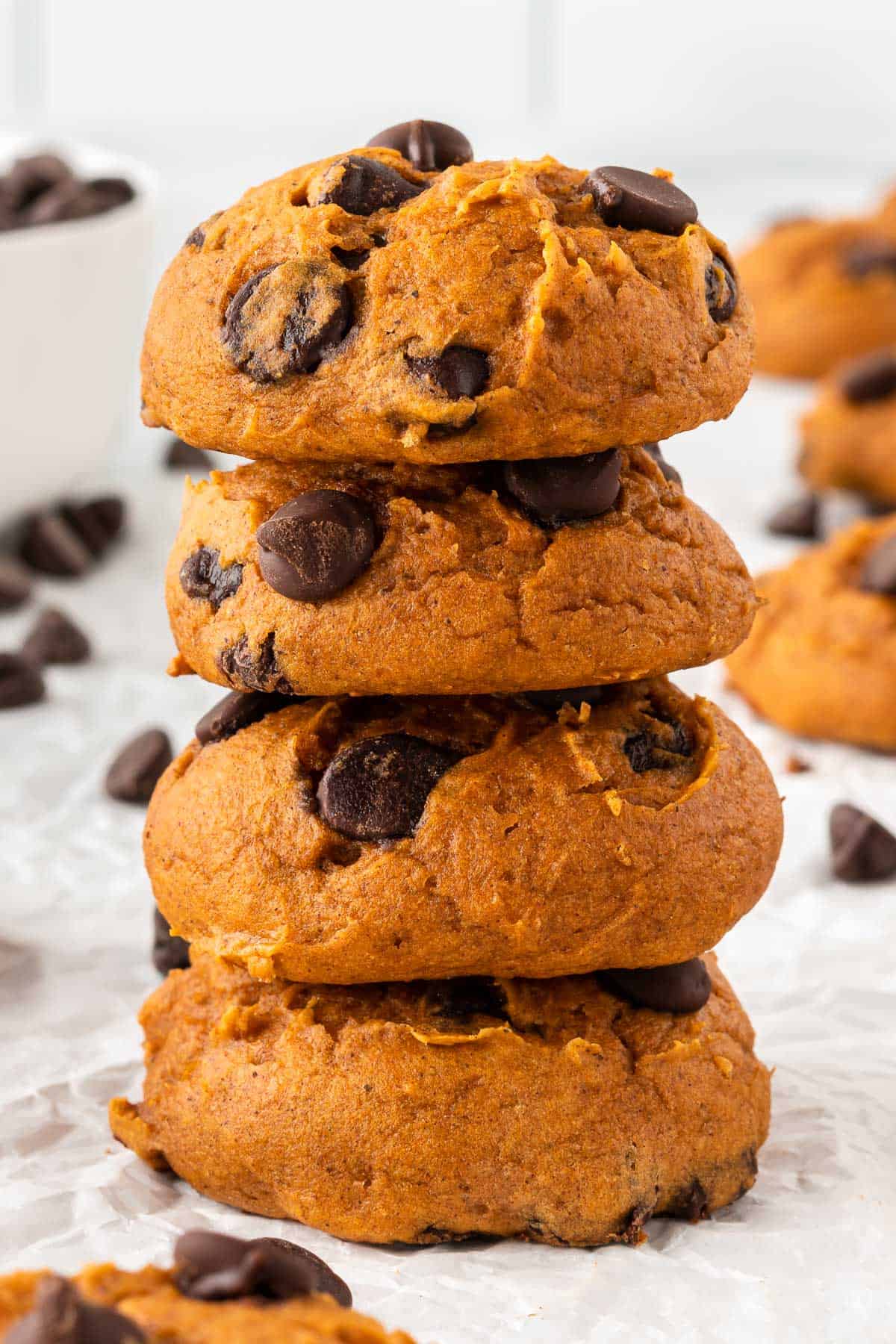 chocolate chip pumpkin cookies stacked