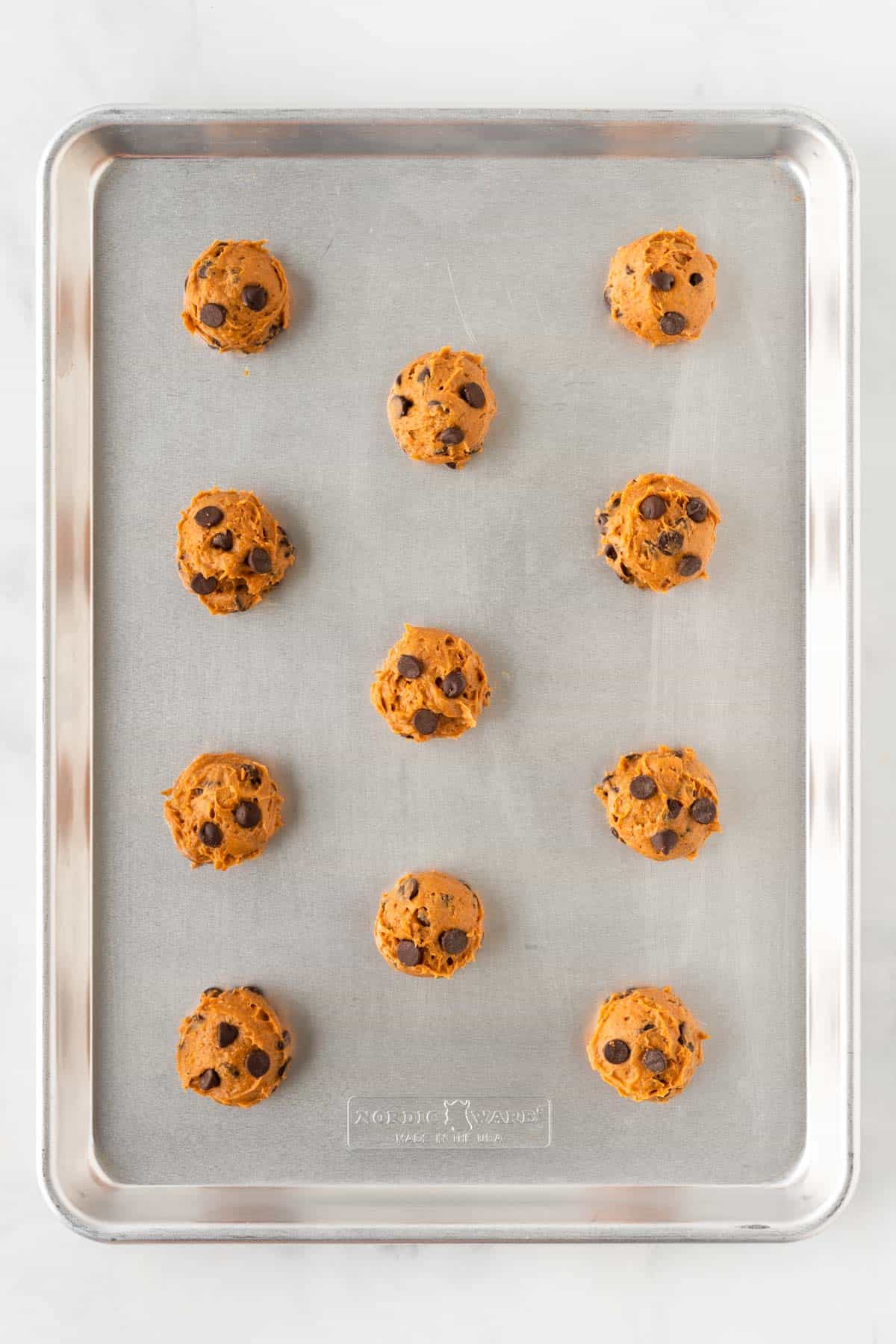 cake mix pumpkin cookie dough on a baking sheet