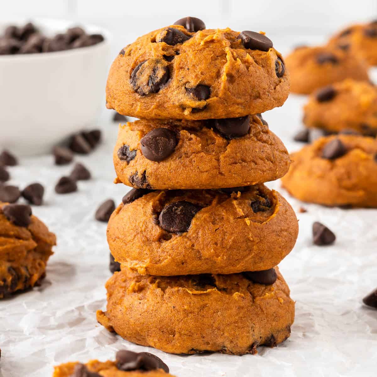 chocolate chip pumpkin cookies stacked