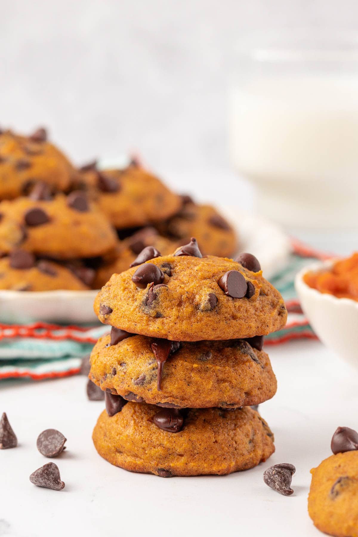 pumpkin chocolate chip cookies stacked