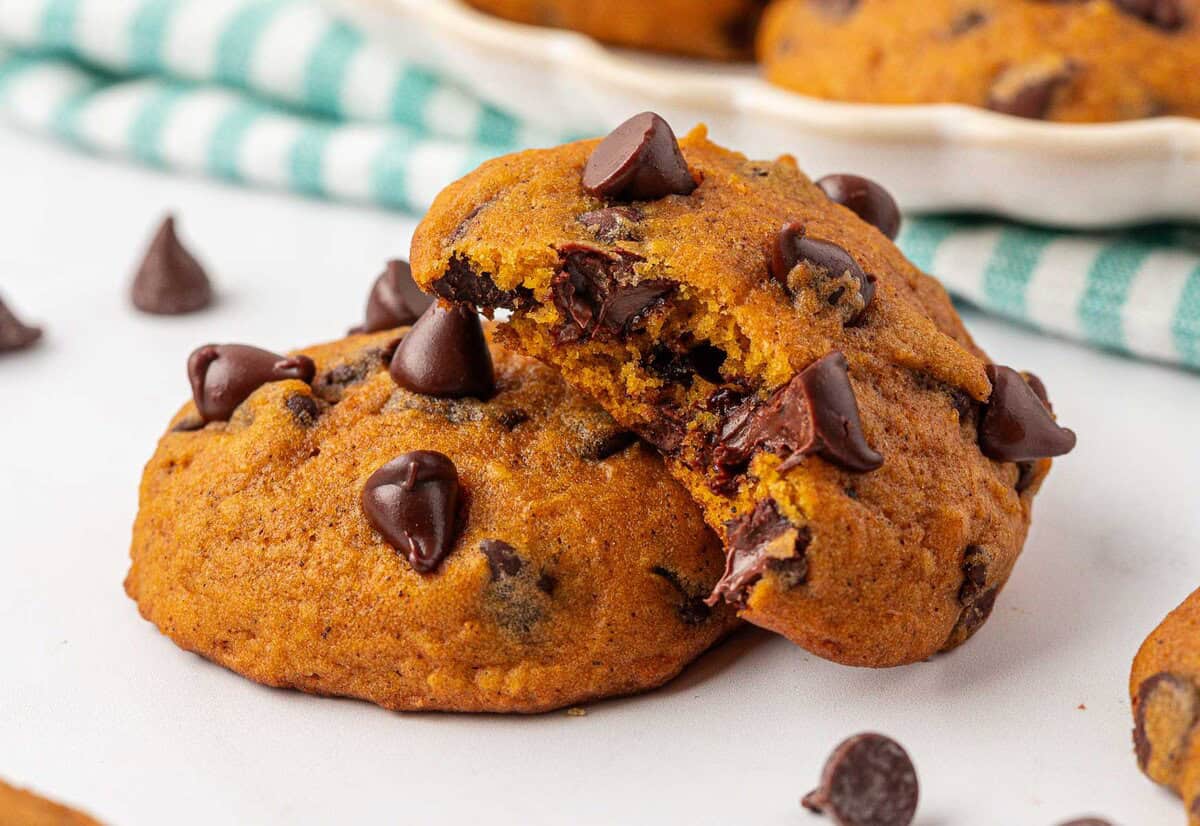 pumpkin chocolate chip cookie with a bite taken out