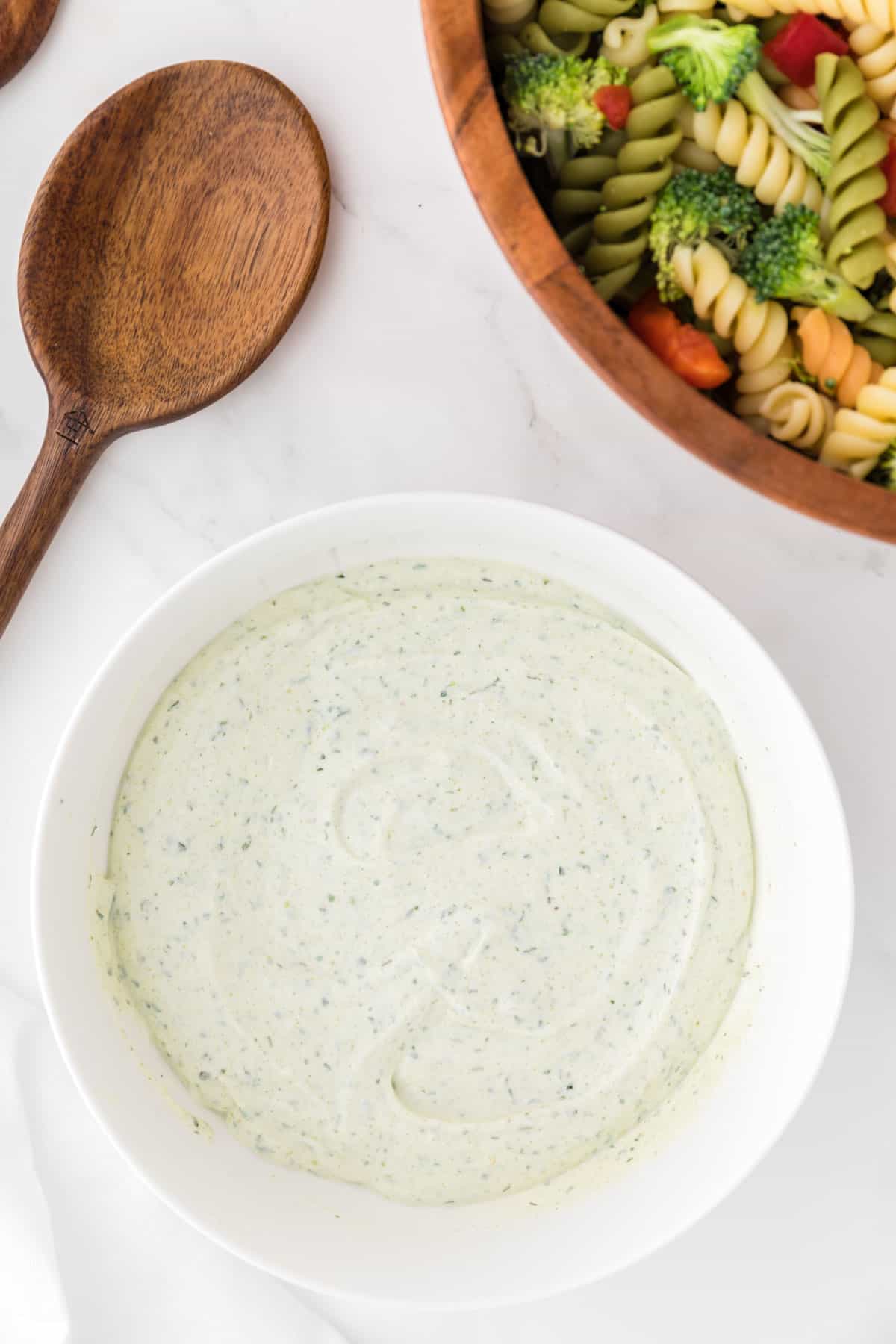 ranch pasta salad dressing in a bowl