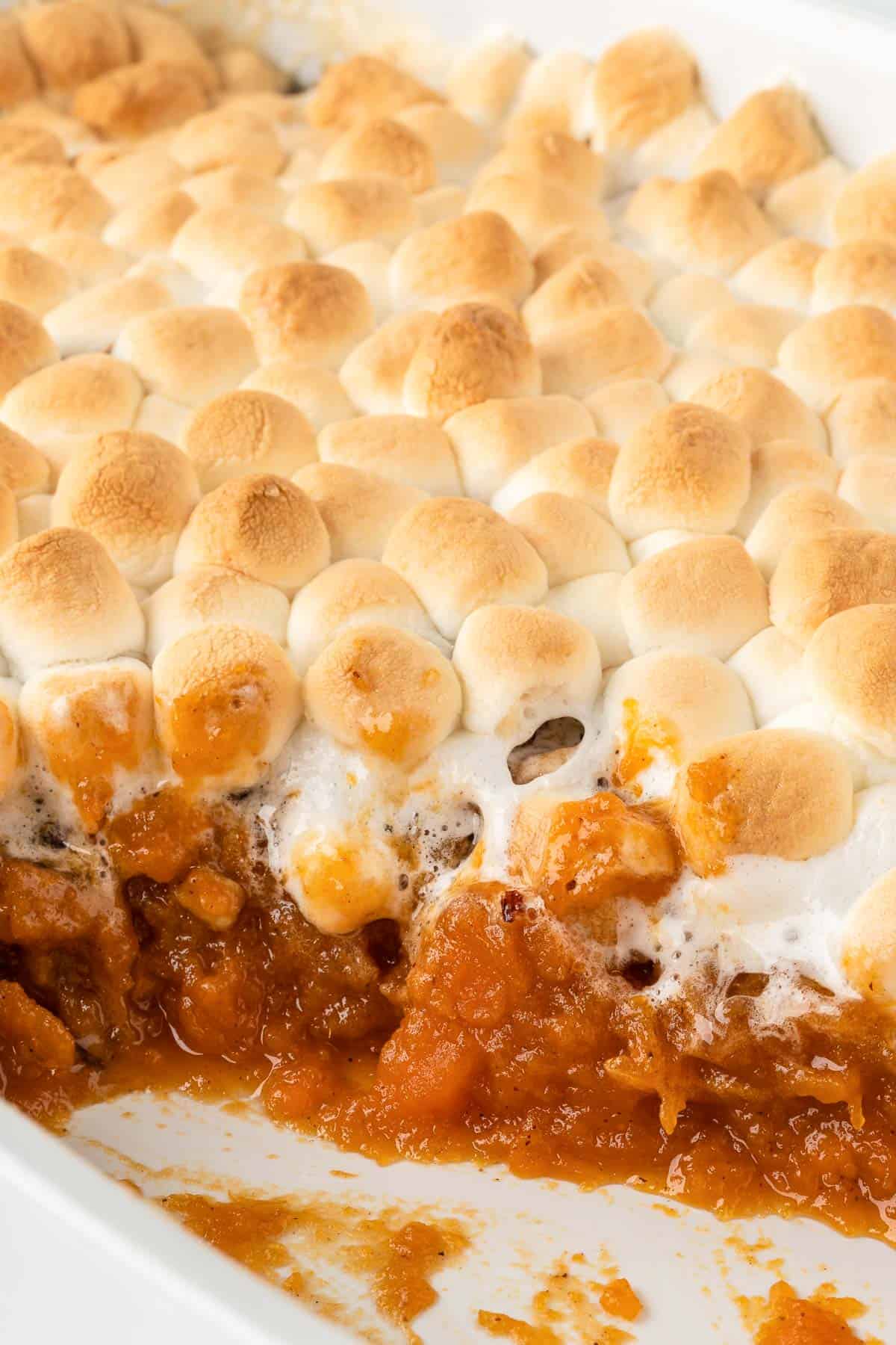 sweet potato casserole with marshmallows and pecan topping