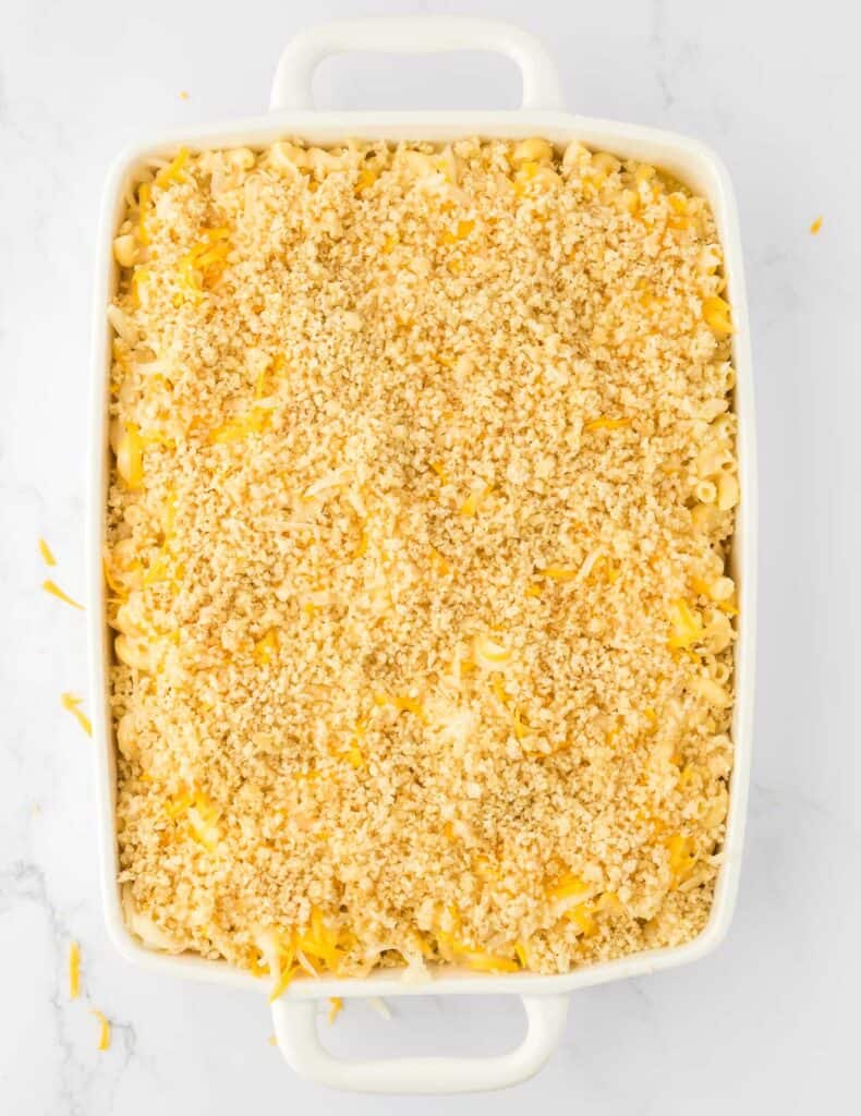 mac and cheese topped with bread crumb mixture