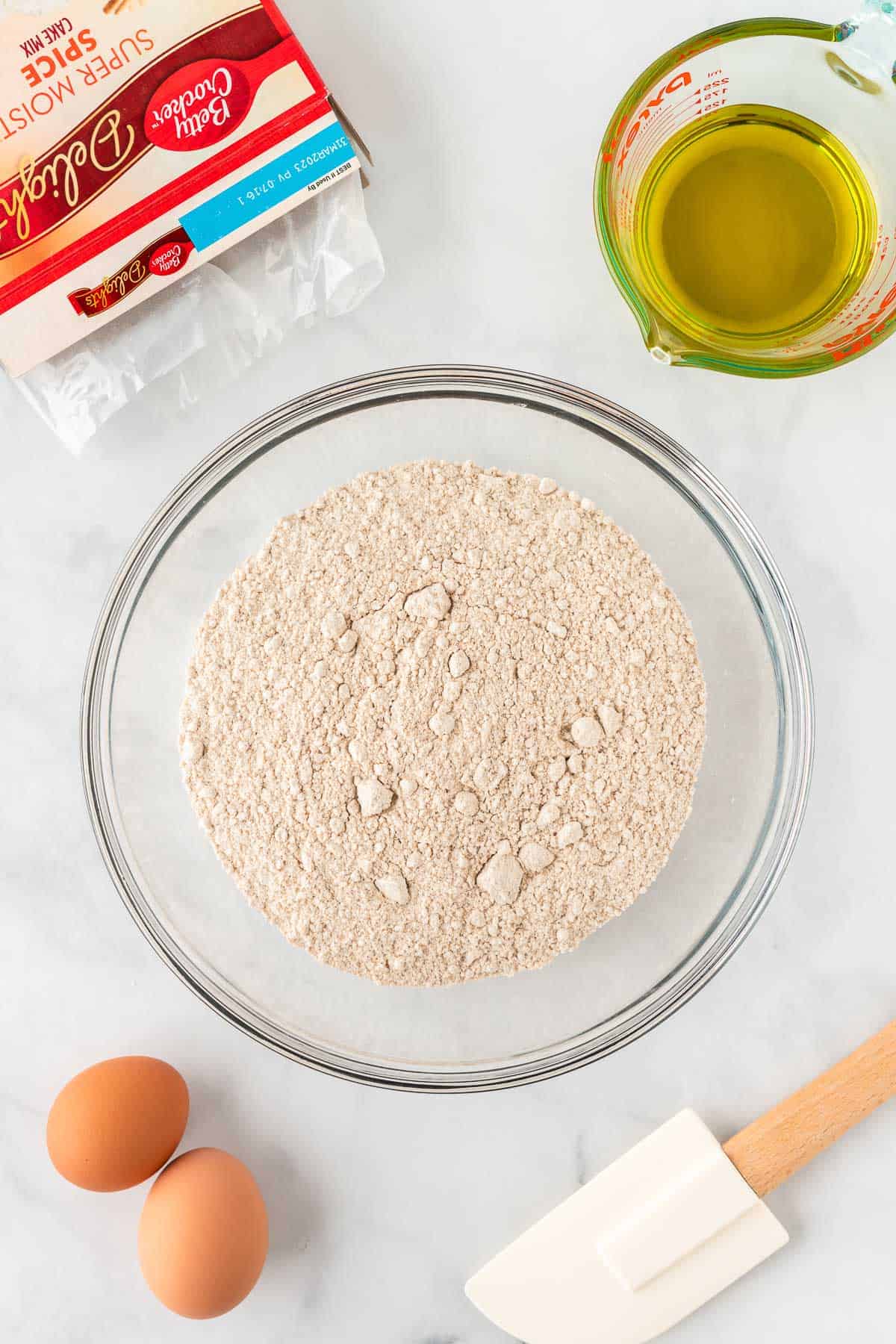 spice cake mix in a mixing bowl