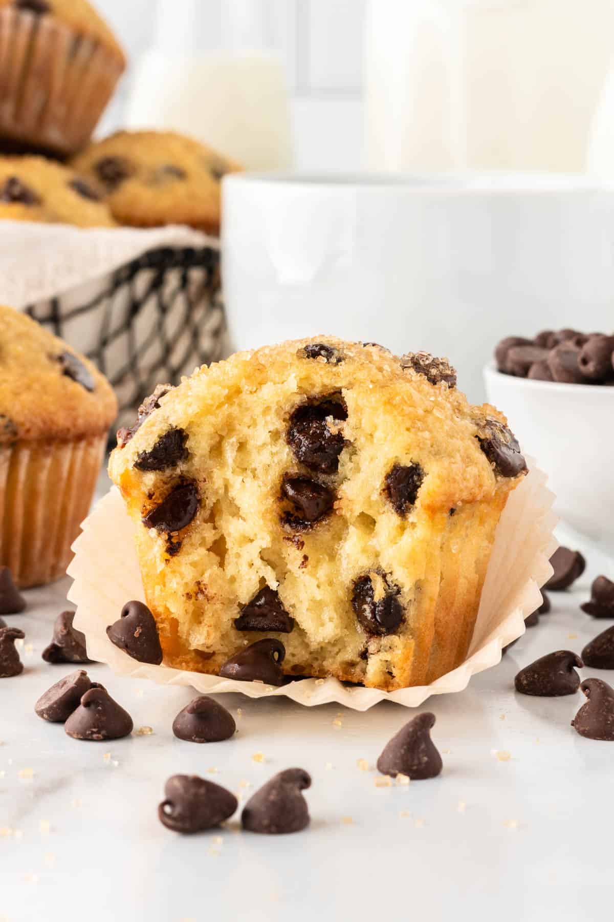 chocolate chip muffin with a bite taken out