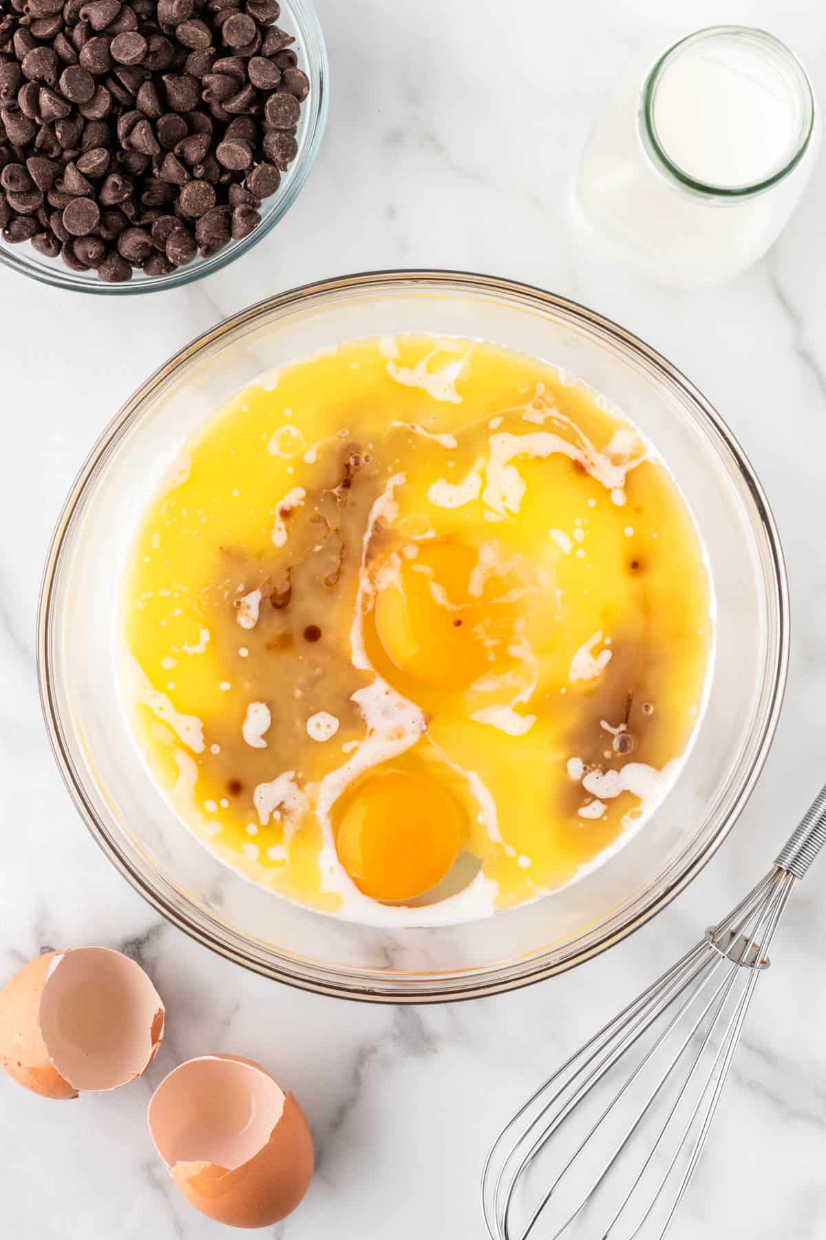 wet ingredients in a mixing bowl