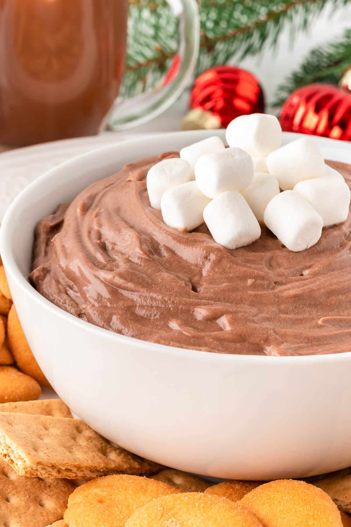 hot chocolate dip topped with mini marshmallows