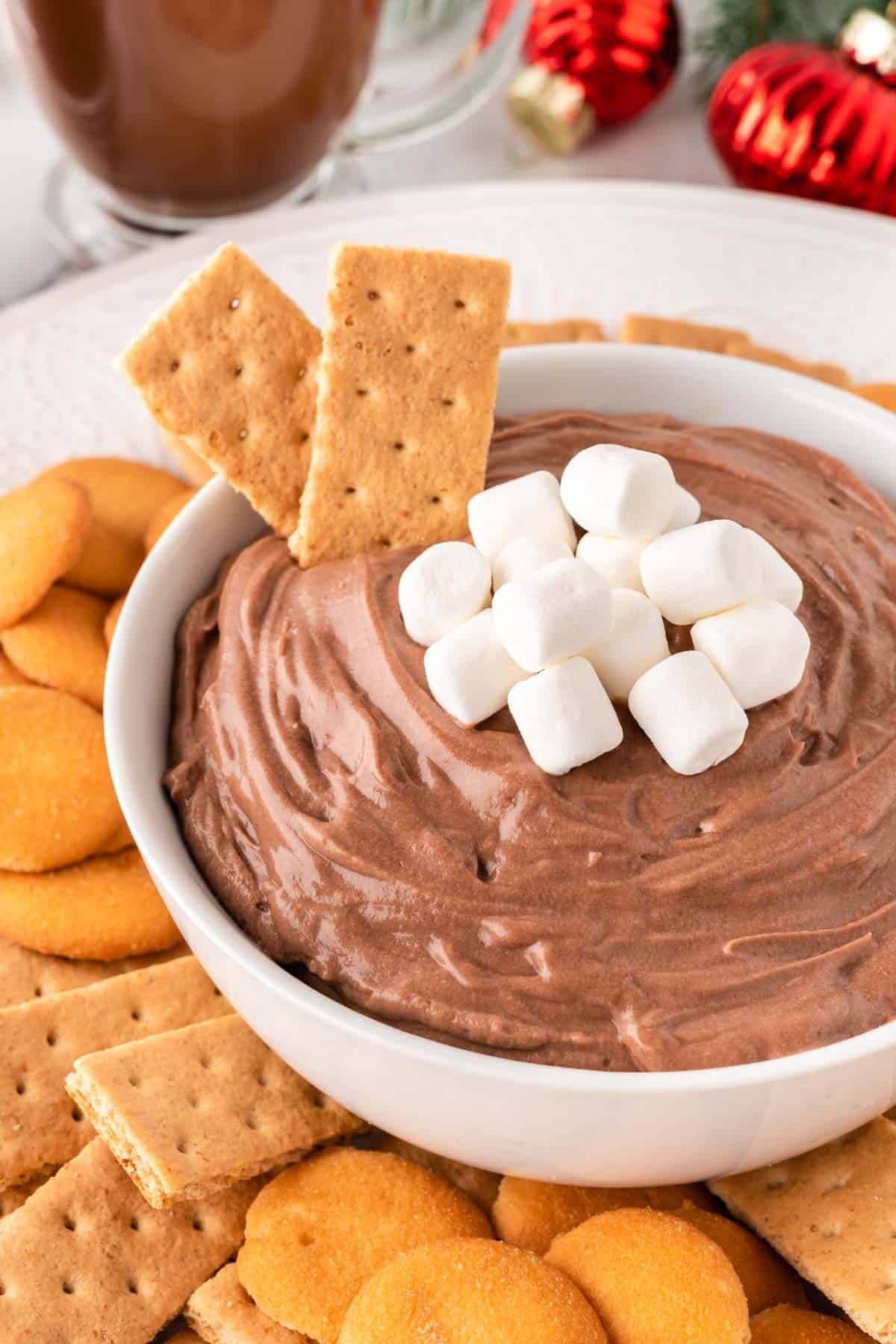 hot chocolate dip topped with mini marshmallows 