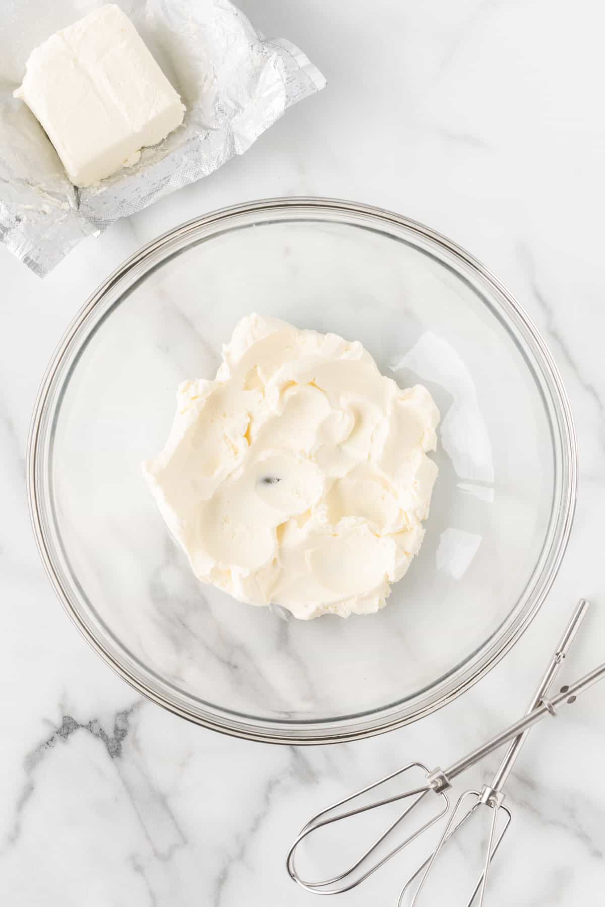 cream cheese in a mixing bowl