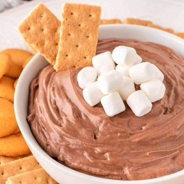 hot chocolate dip topped with mini marshmallows
