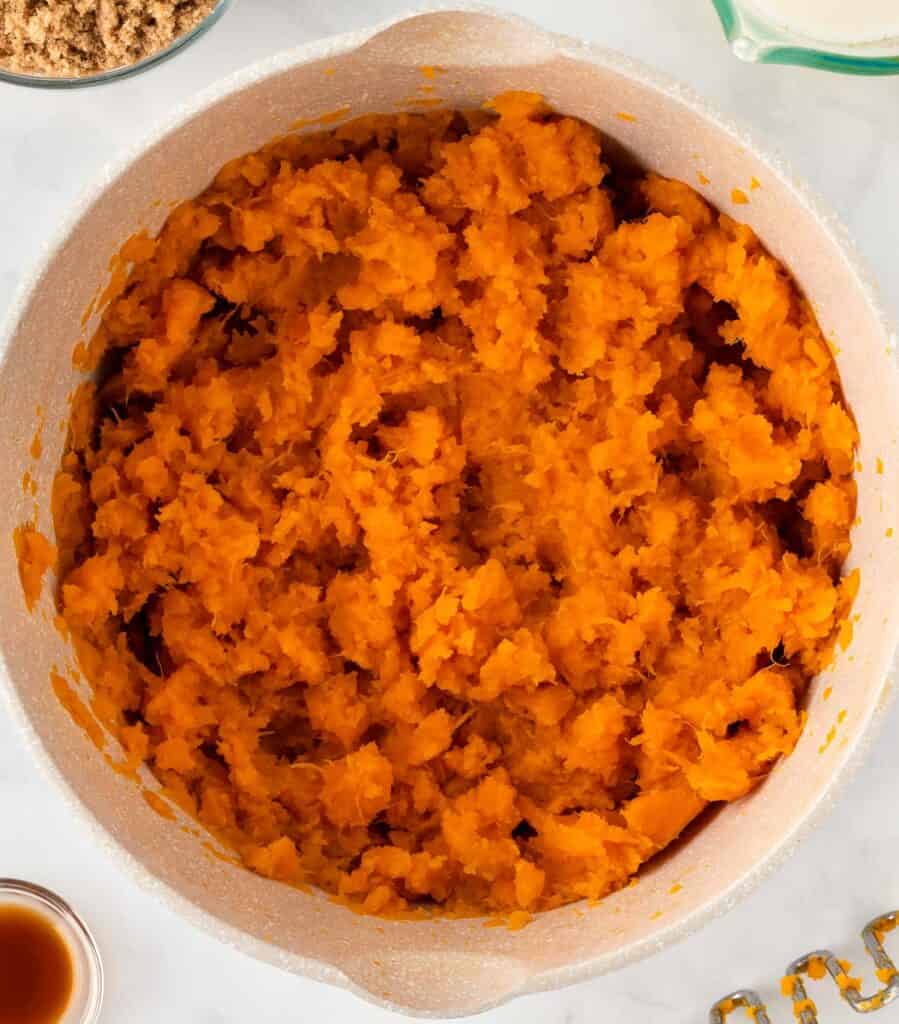 mashed sweet potatoes in a sauce pan