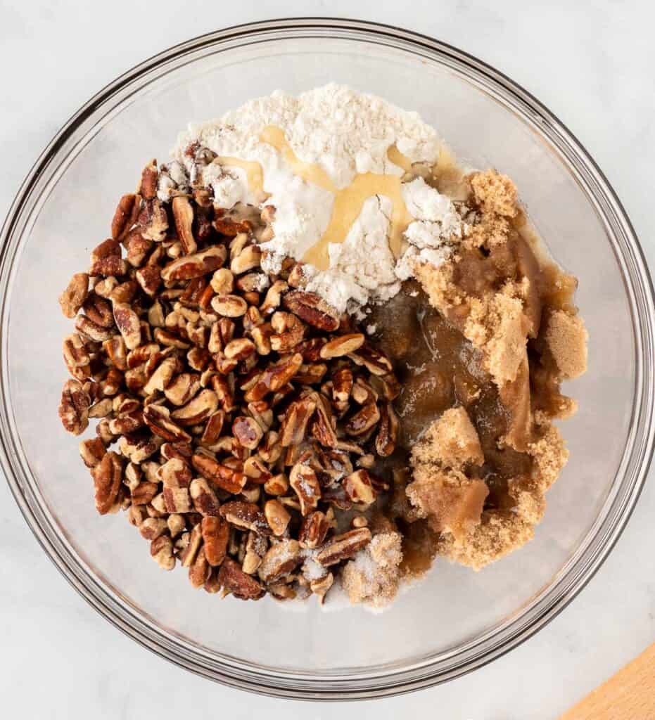 pecan crumble ingredients in a mixing bowl