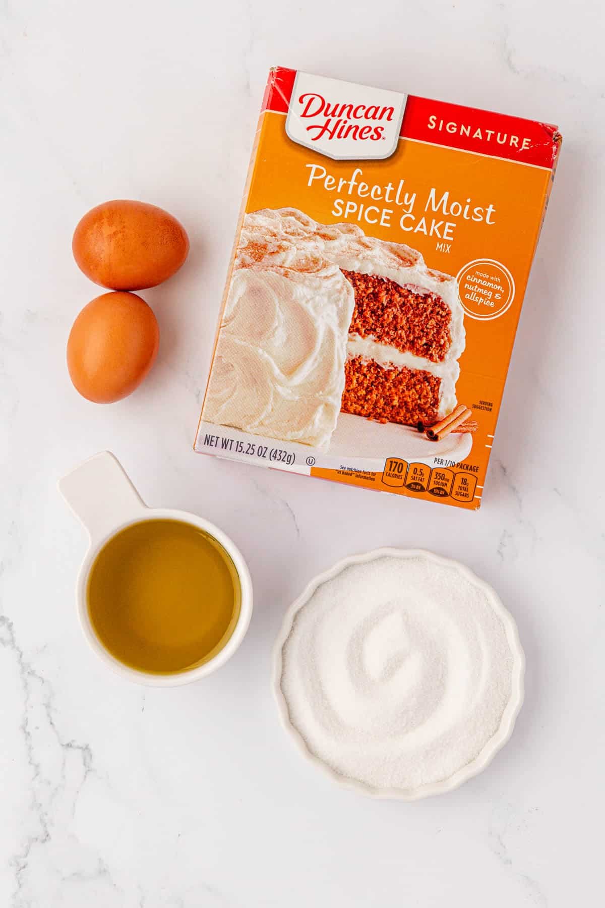 eggs, spice cake mix, oil, and white sugar