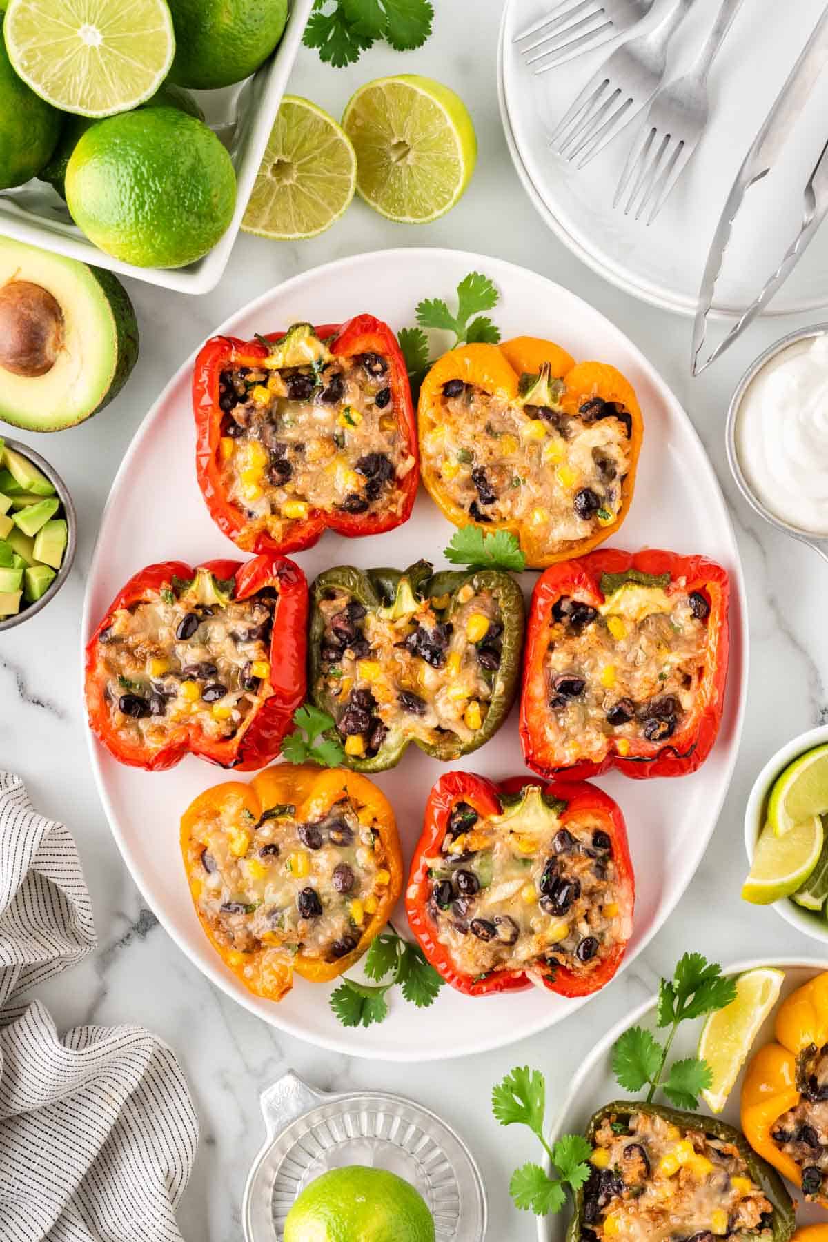 vegetarian stuffed peppers on a white serving plate