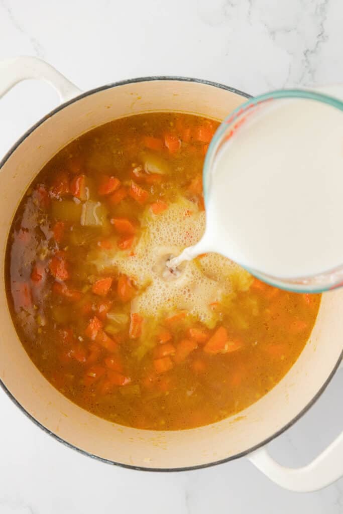 pouring milk into the soup