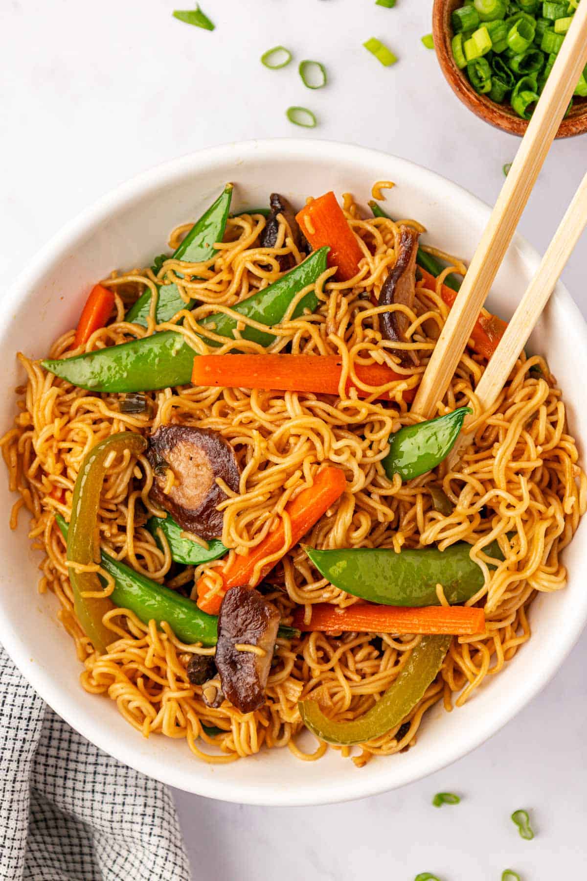 ramen noodle stir fry in a bowl