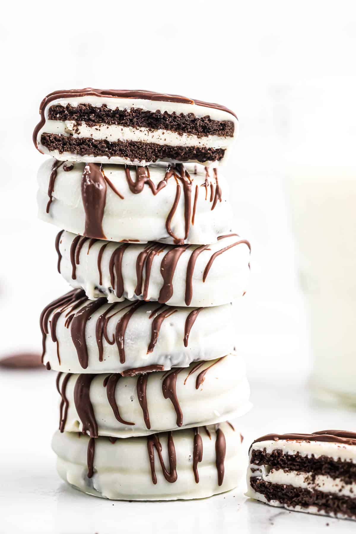 white chocolate covered oreos stacked