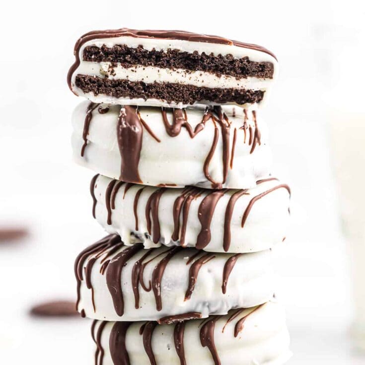 white chocolate covered oreos stacked
