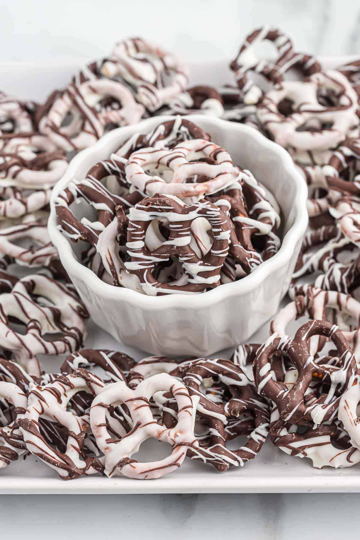 chocolate covered pretzels in a bowl