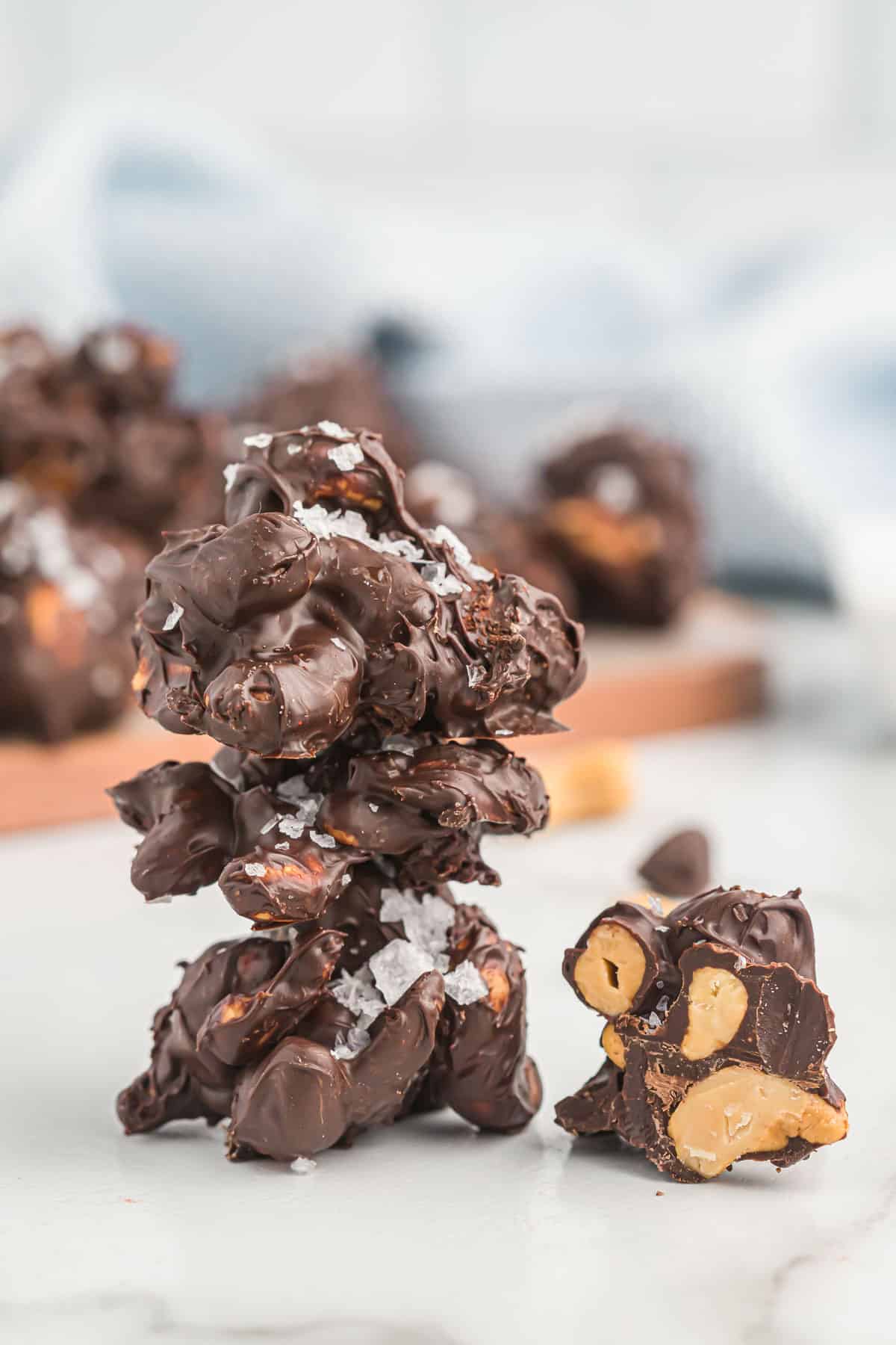 chocolate cashew clusters stacked