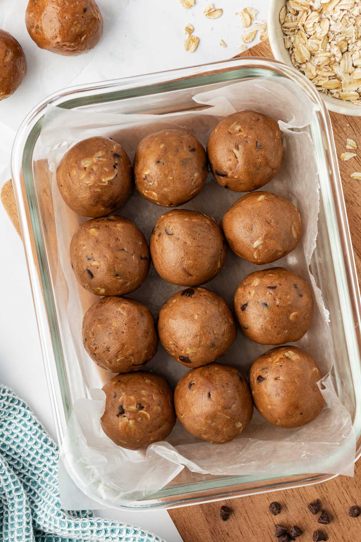 chocolate protein balls in a meal prep container