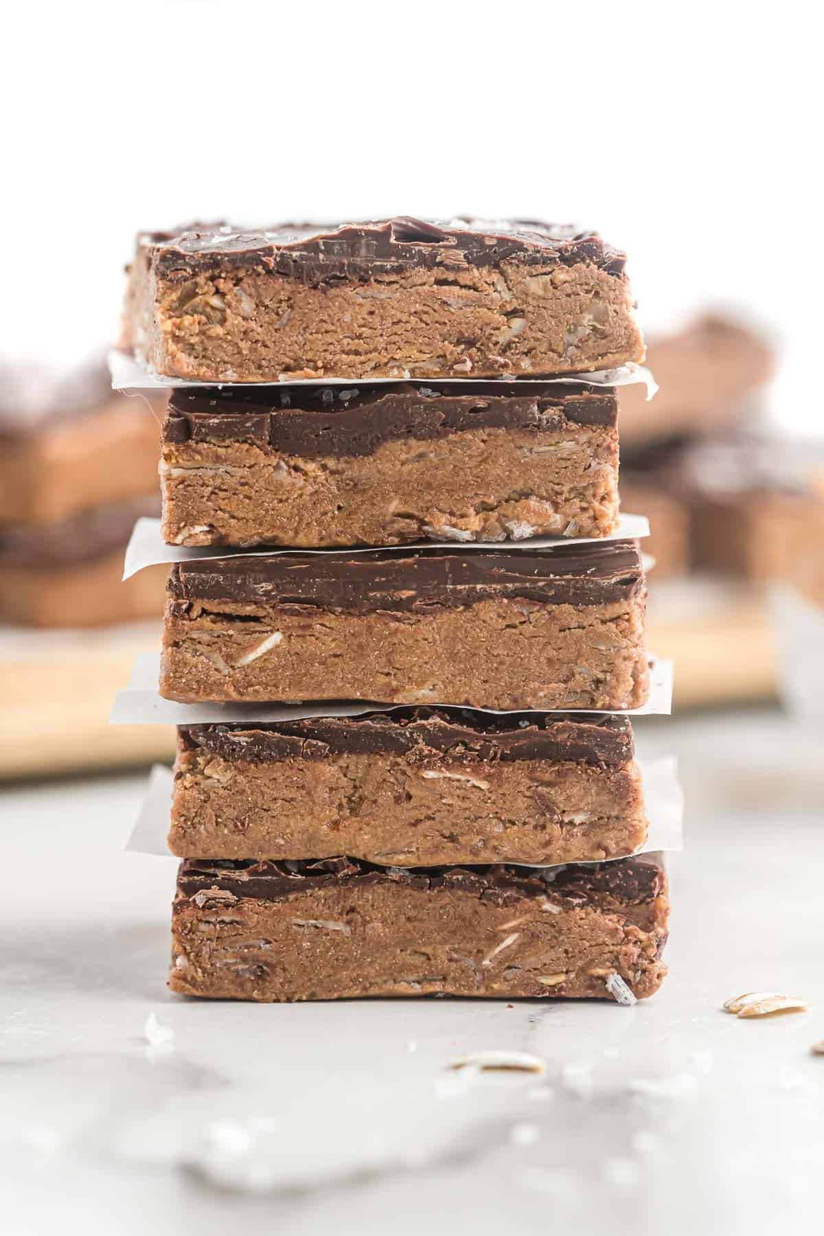 chocolate protein bars stacked