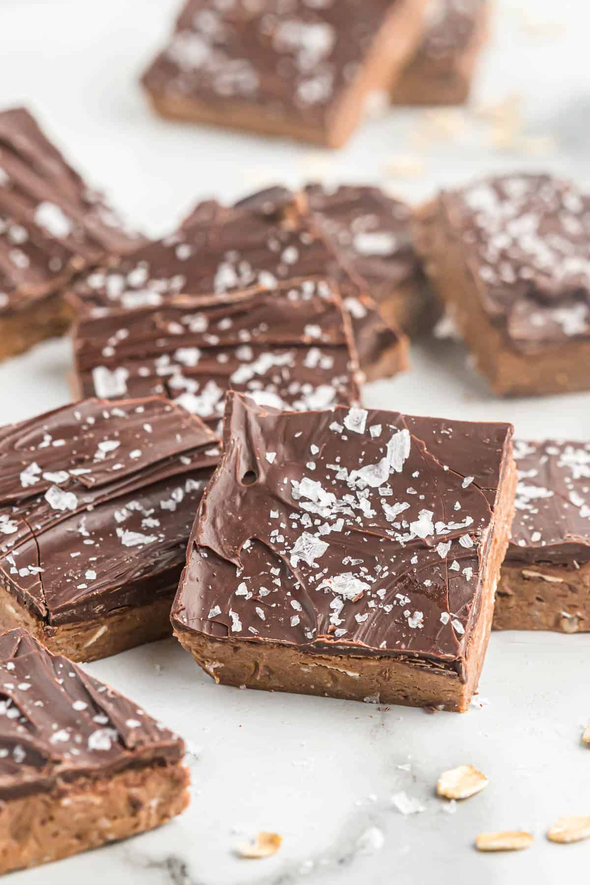 chocolate protein bars topped with sea salt flakes