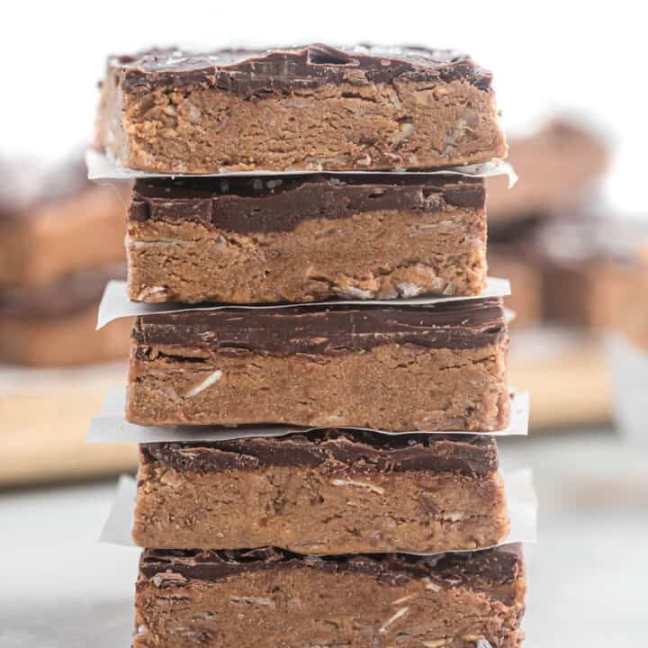 chocolate protein bars stacked