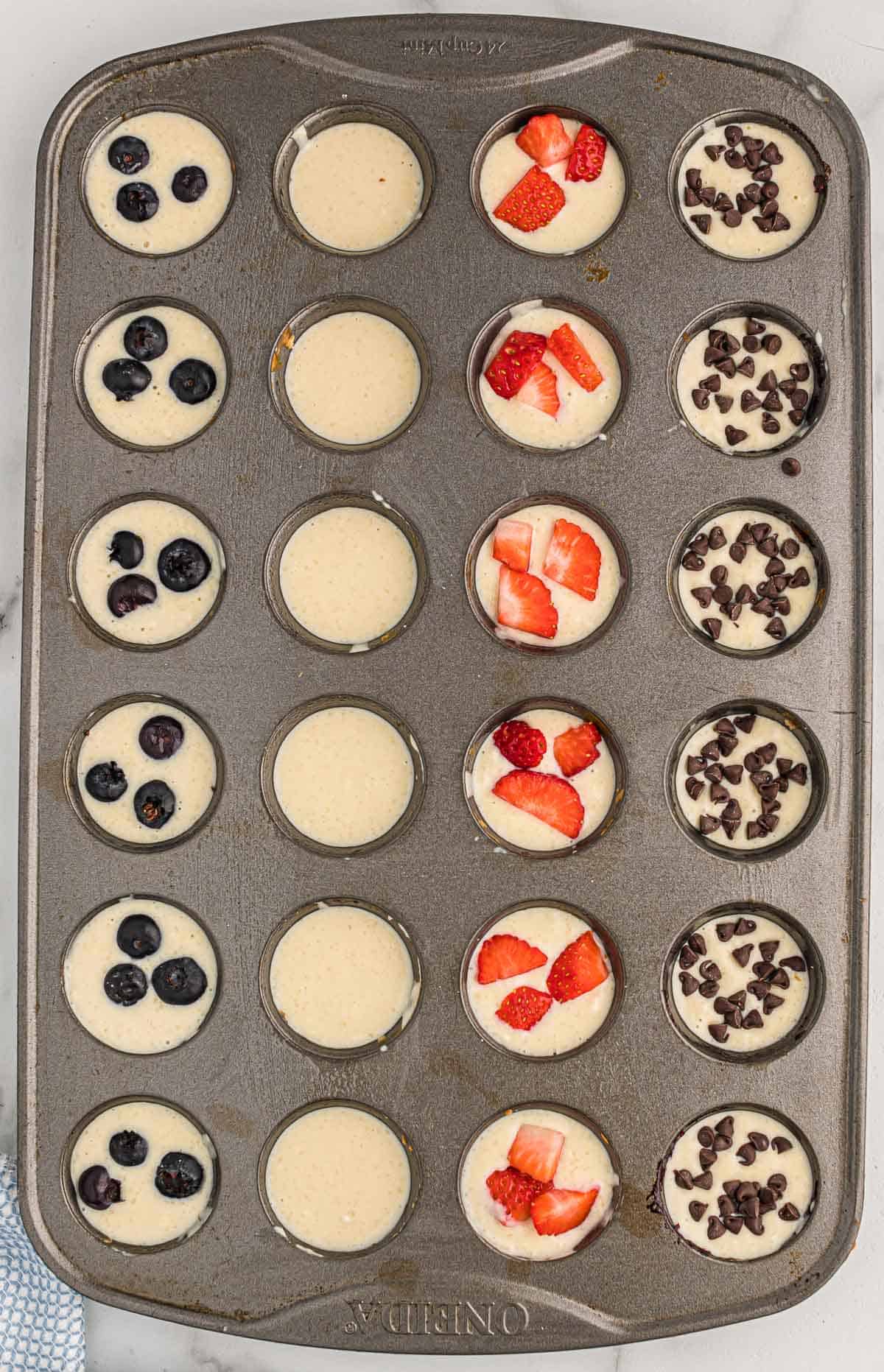 mini muffin tin with blueberry, strawberry, and chocolate chip mini muffins