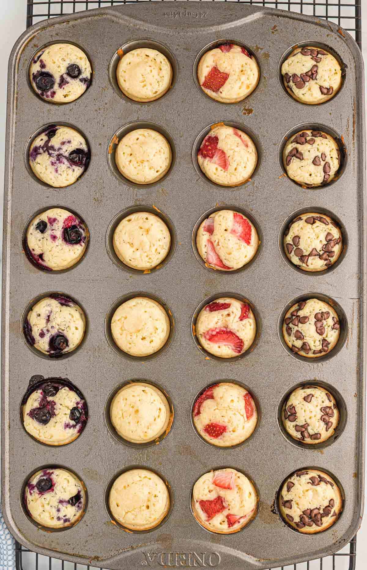mini muffin tin with blueberry, strawberry, and chocolate chip mini muffins