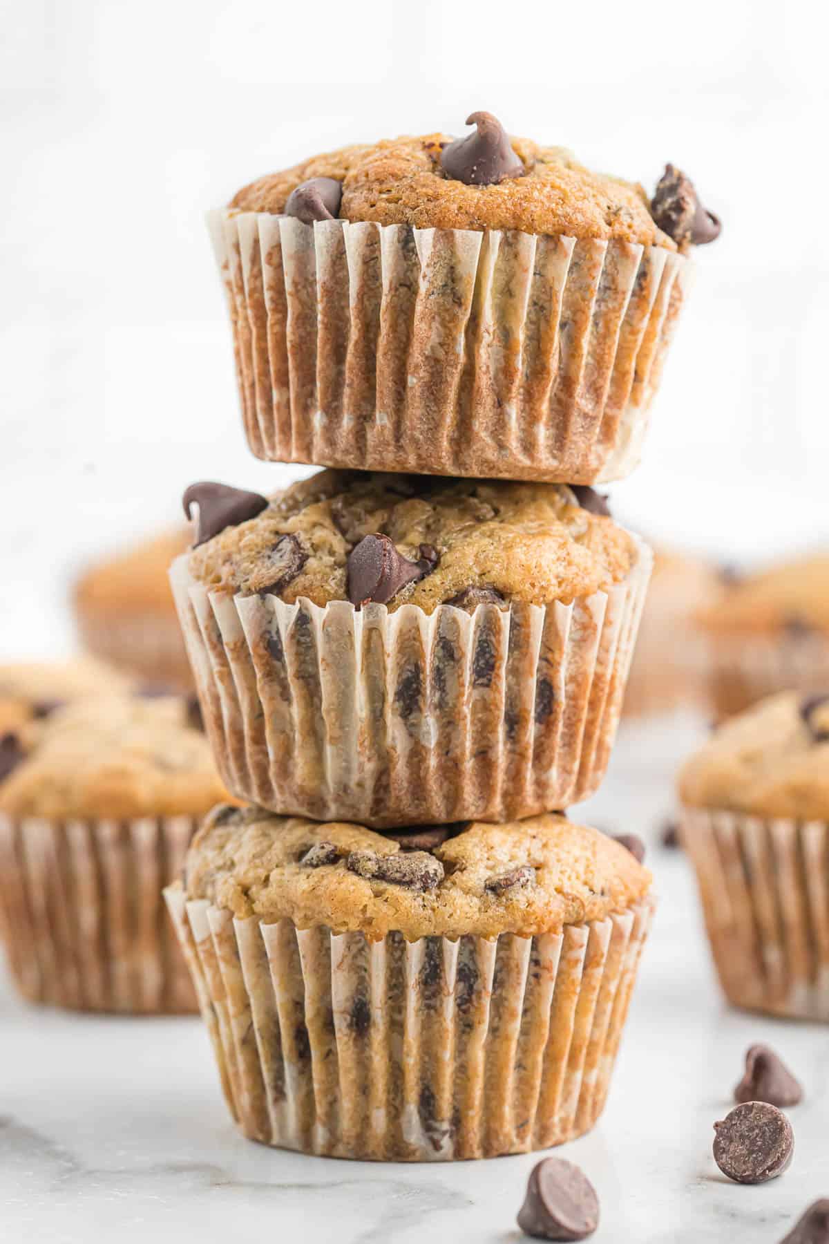 chocolate chip banana bread muffins stacked