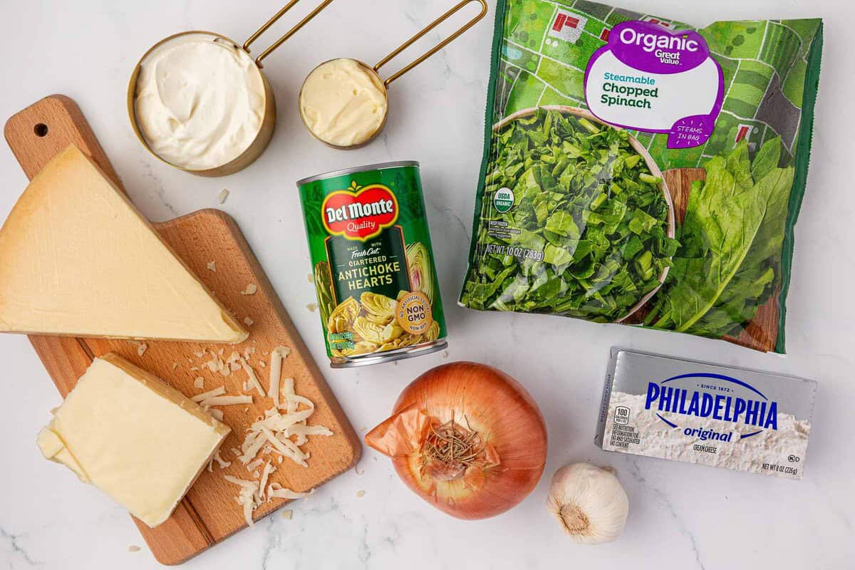 ingredients to make spinach artichoke dip