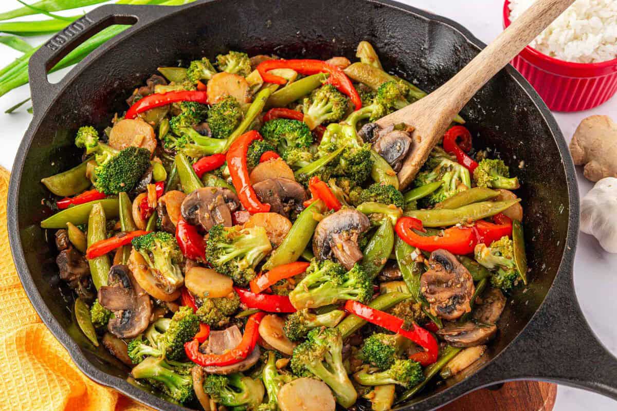 vegetable stir fry in a skillet