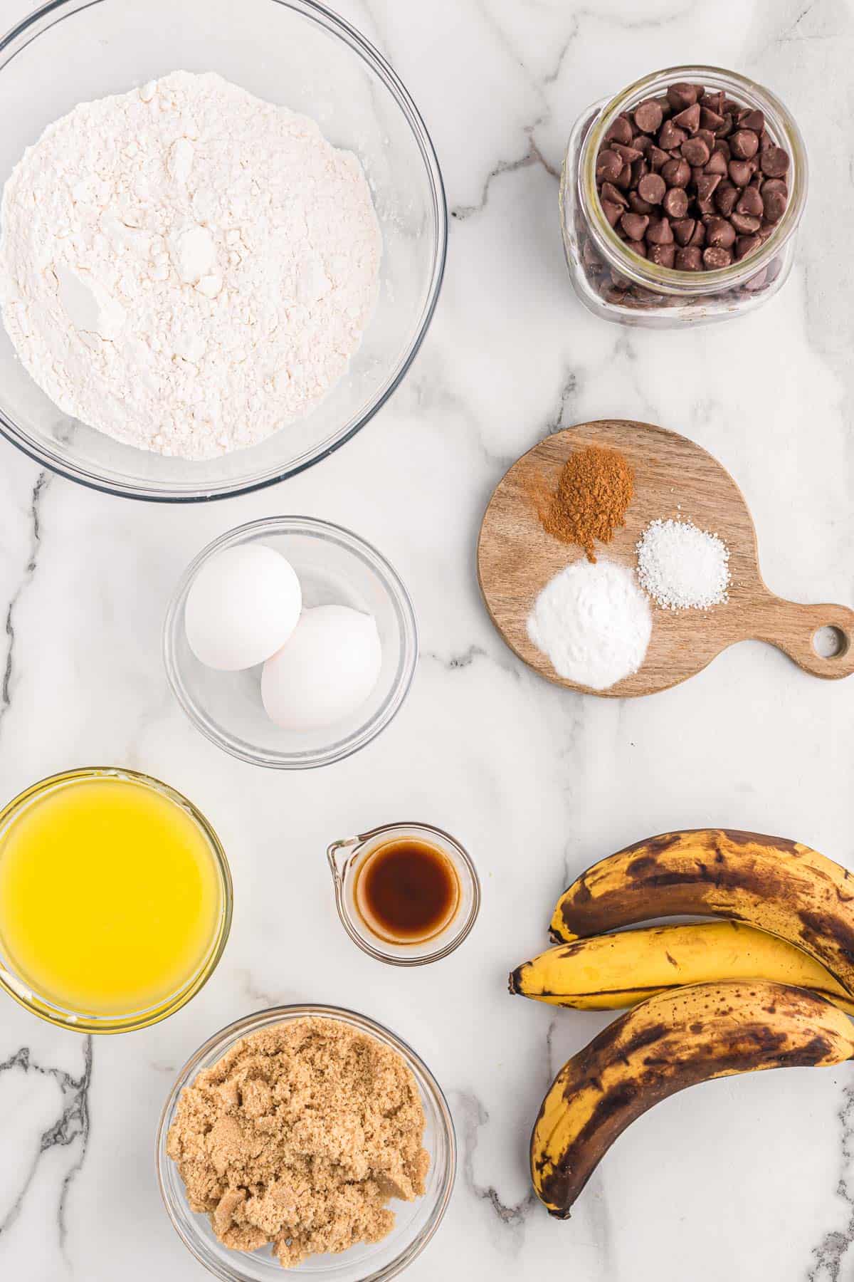 ingredients needed to make banana bread with chocolate chips
