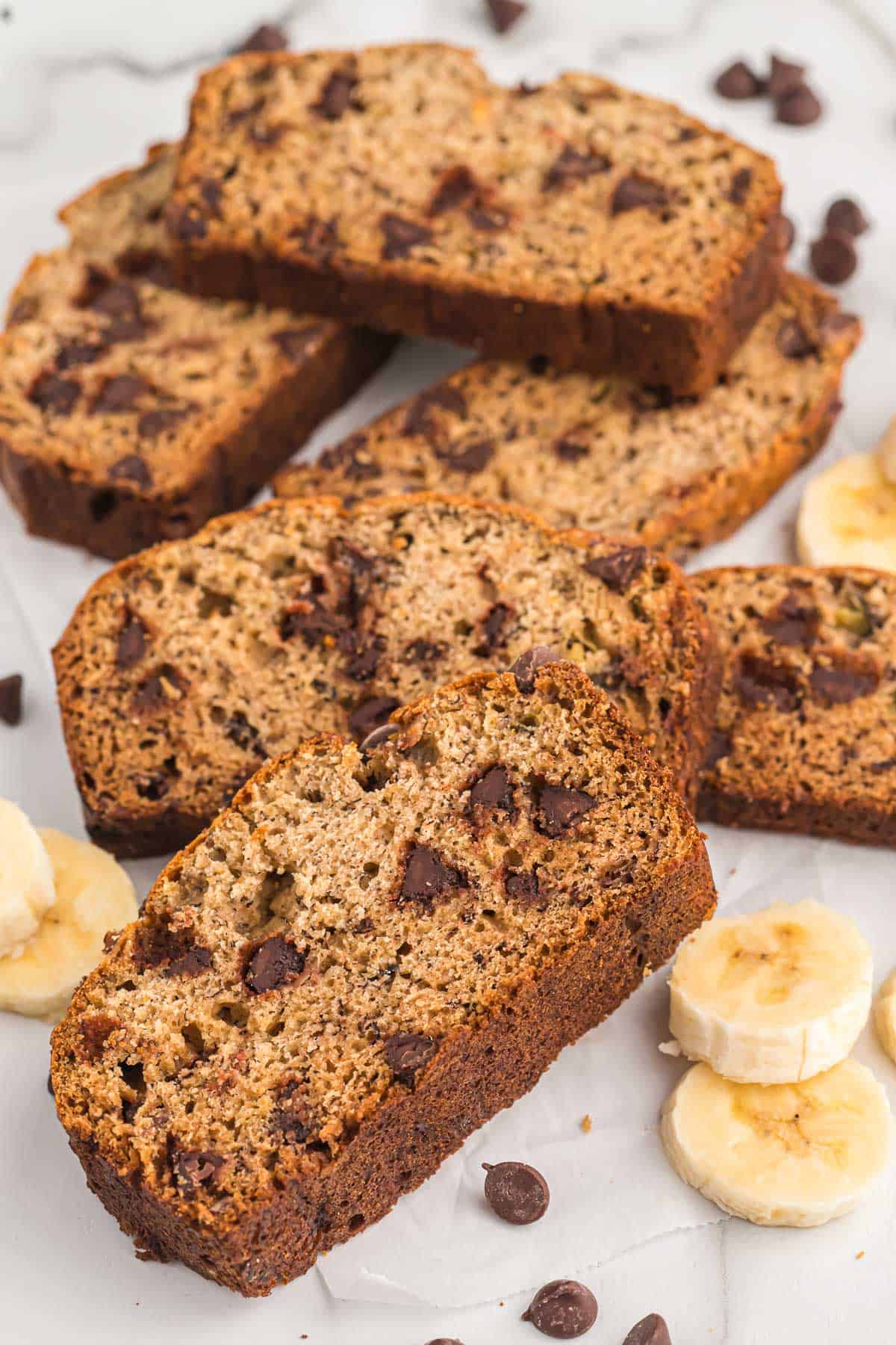 slices of chocolate chip banana bread