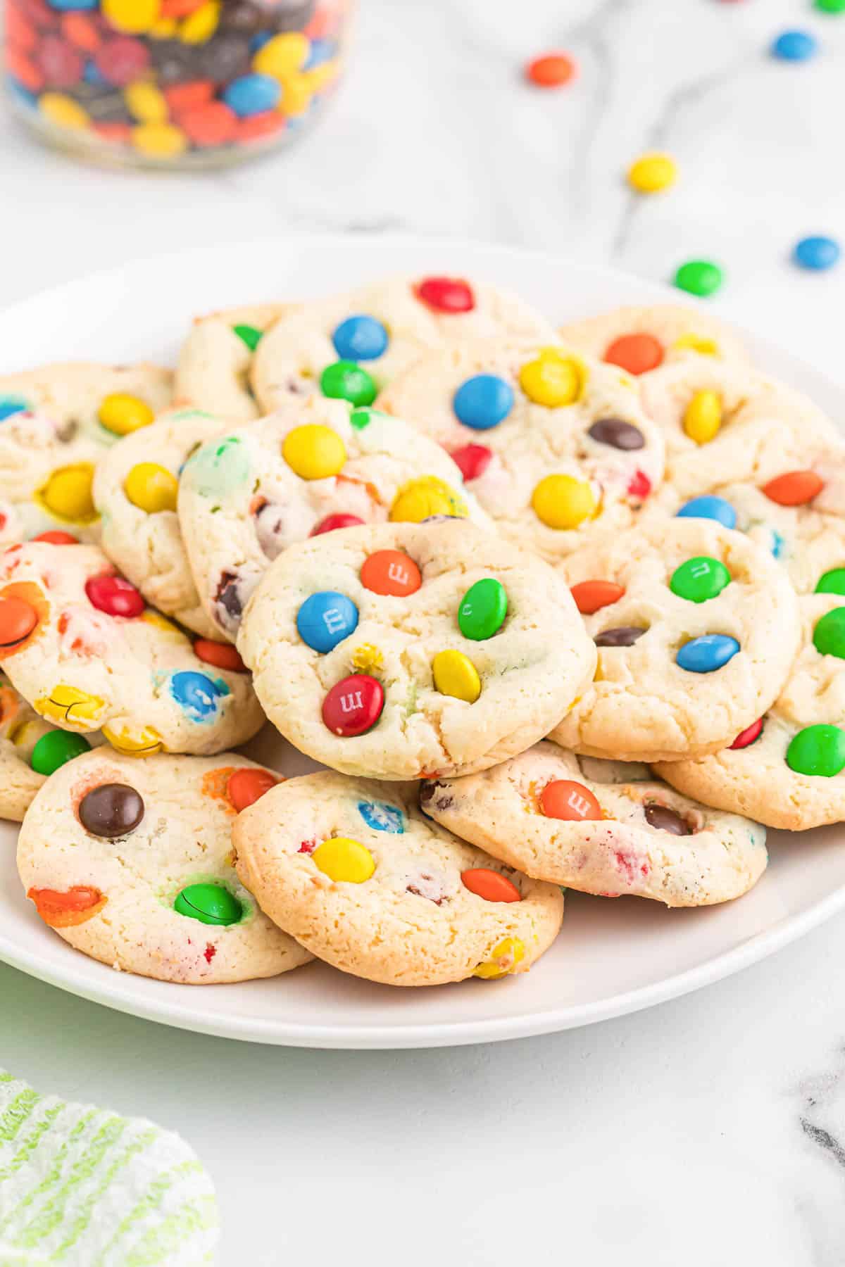 m&m cookies on a white plate