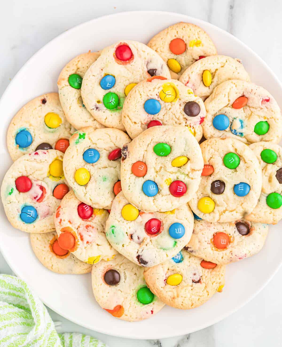 m&m cookies on a white plate