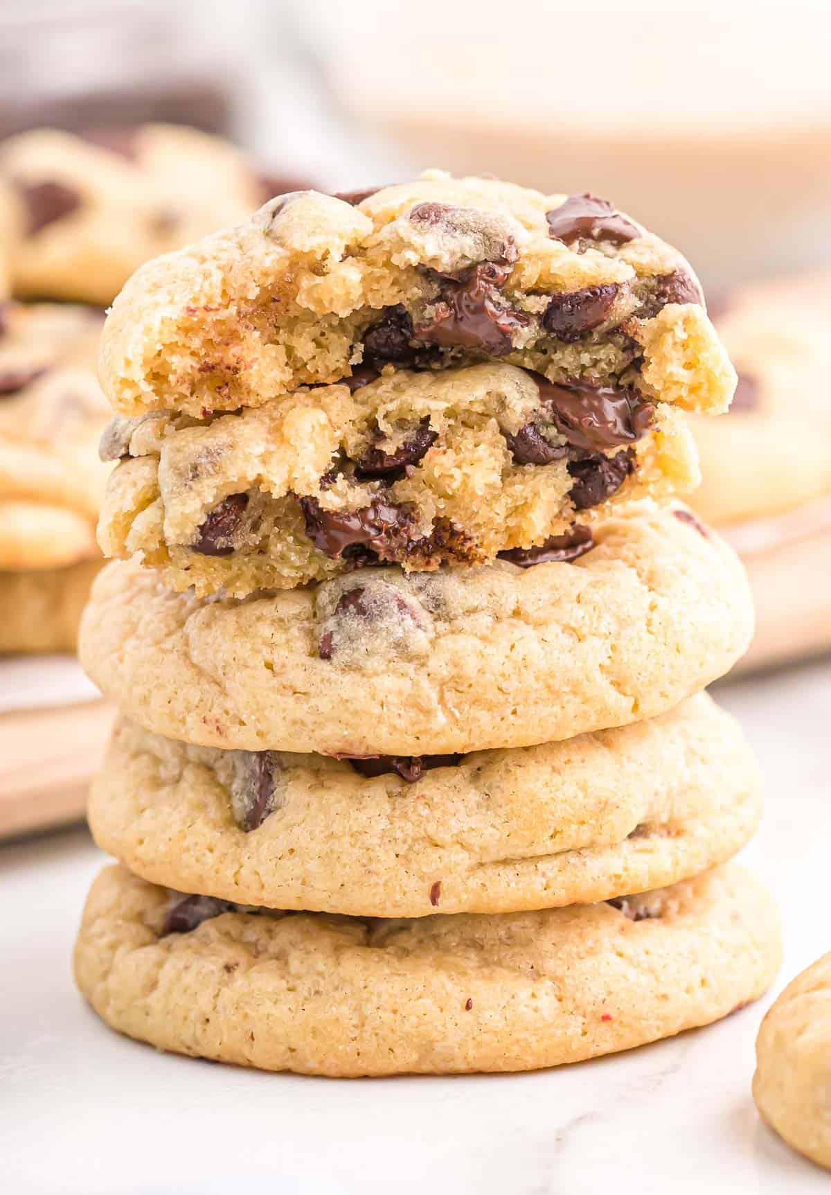 chocolate chip cookies stacked