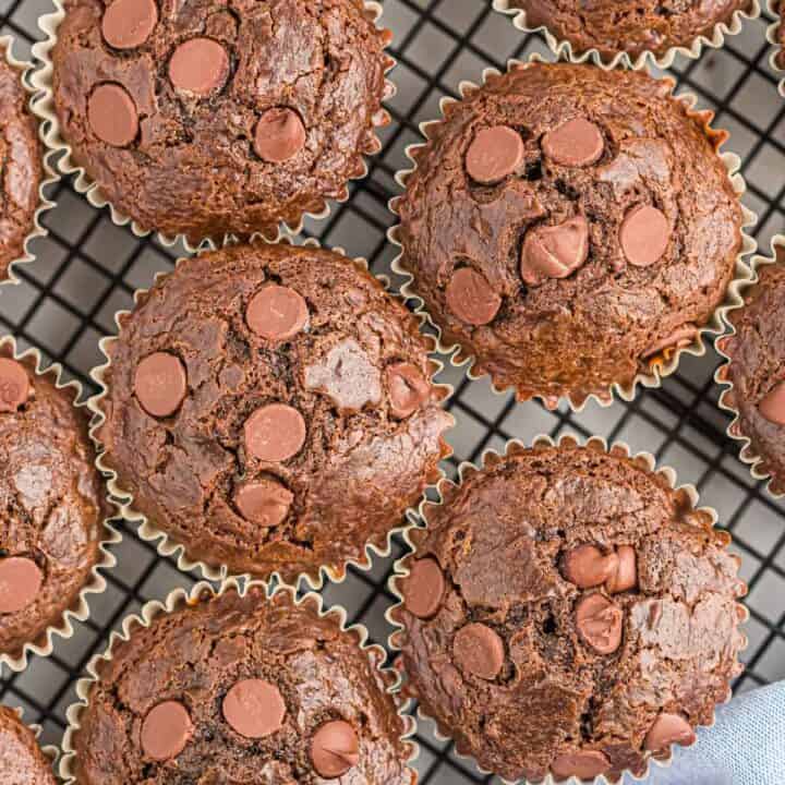 double chocolate muffins on a cooling rack