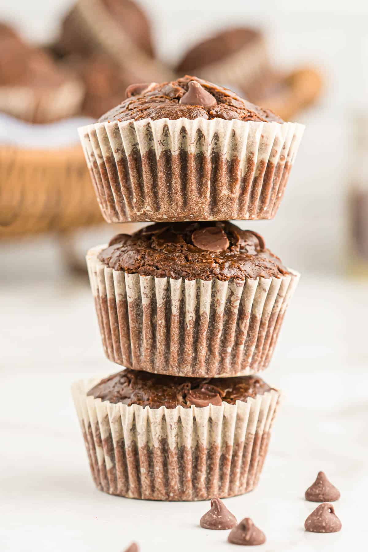 double chocolate muffins stacked