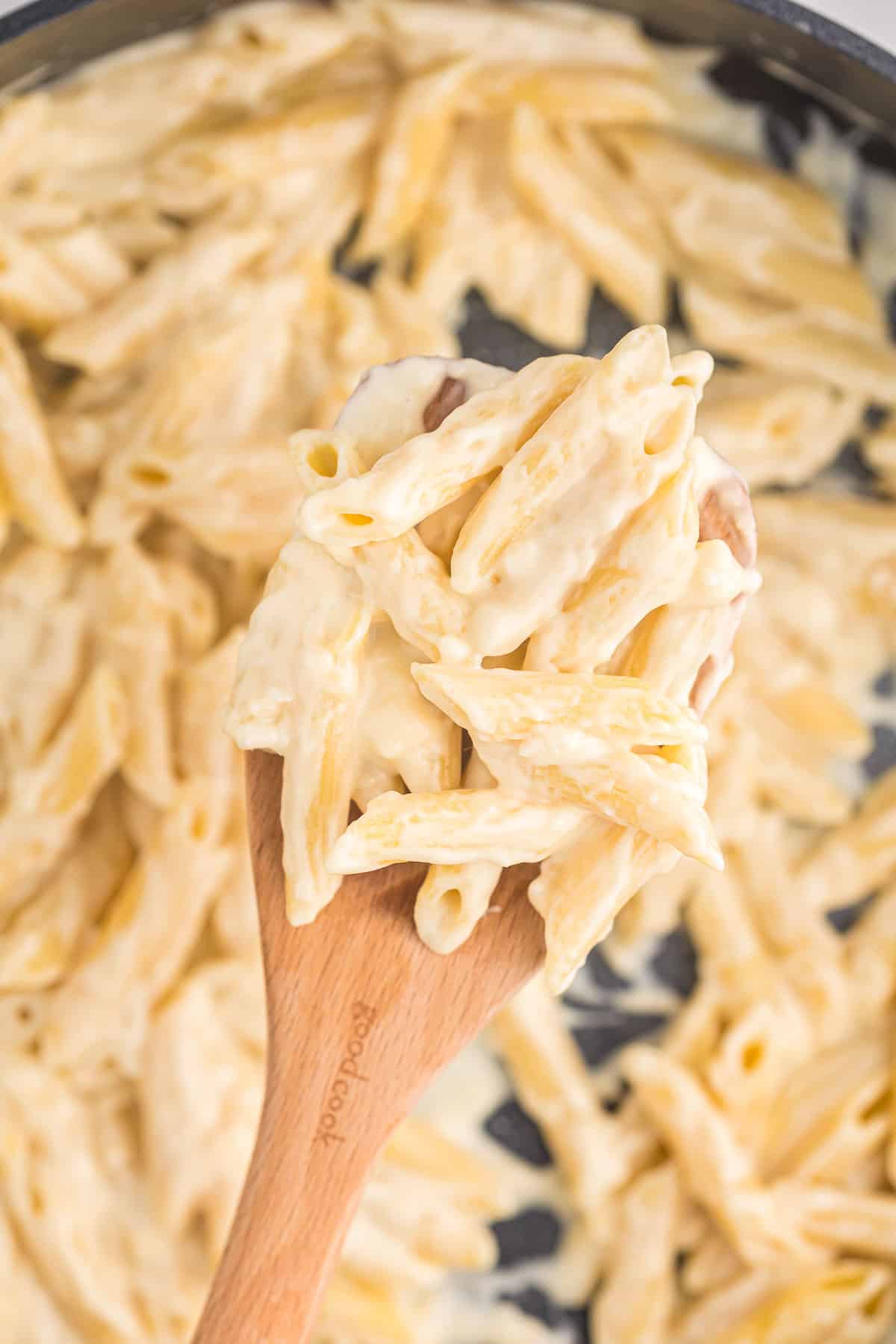 creamy penne pasta on a wooden spoon