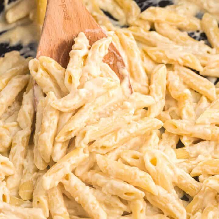 creamy penne pasta on a wooden spoon