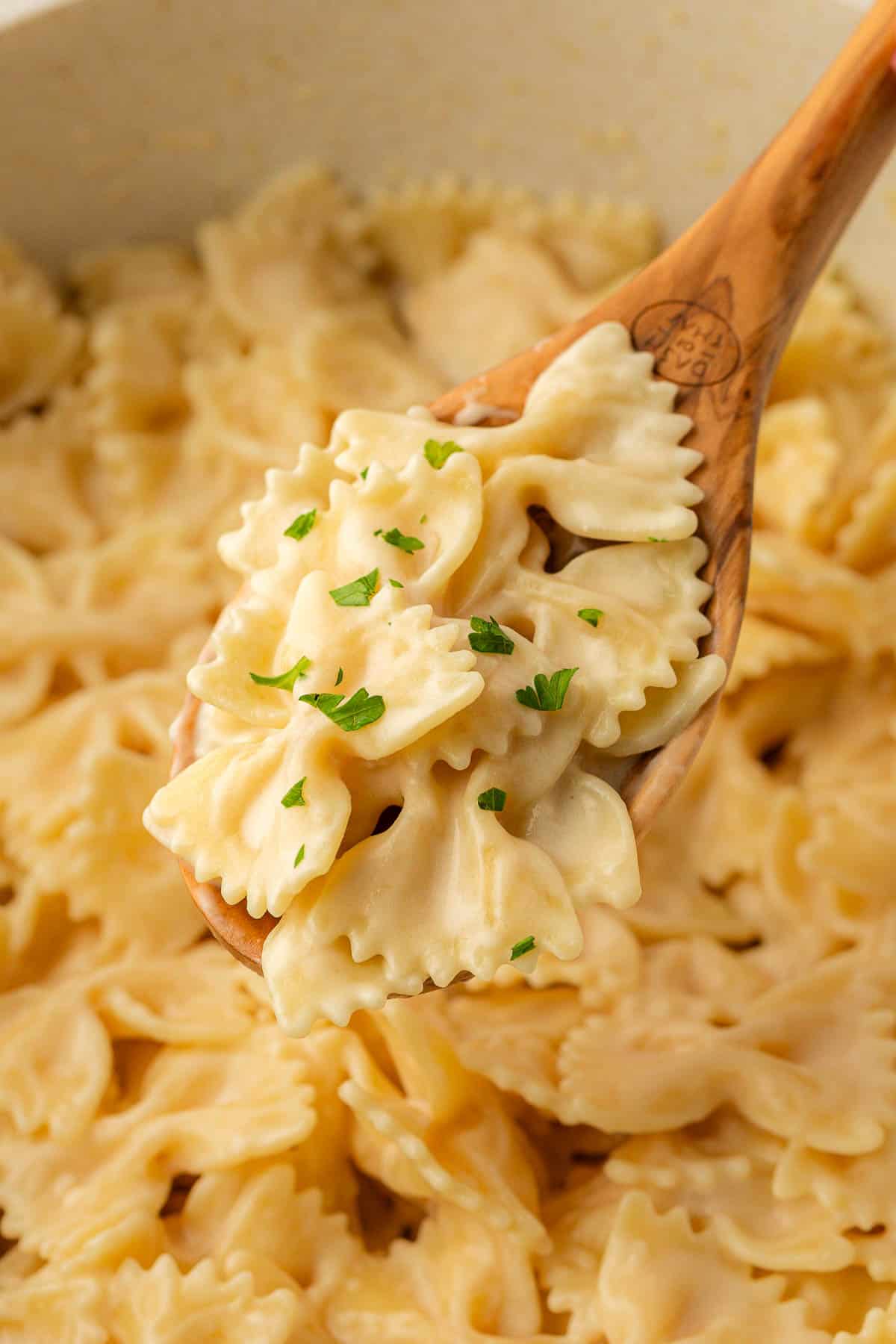 wooden spoon with bow tie pasta