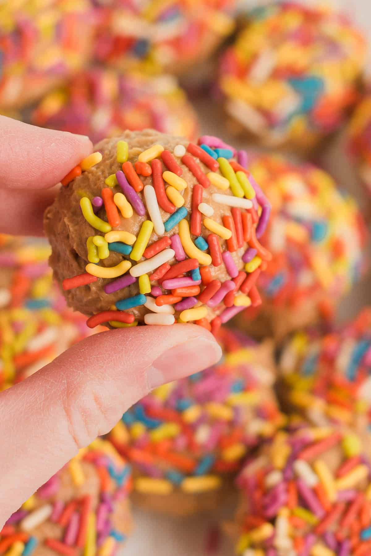 fingers holding a sprinkle covered energy ball