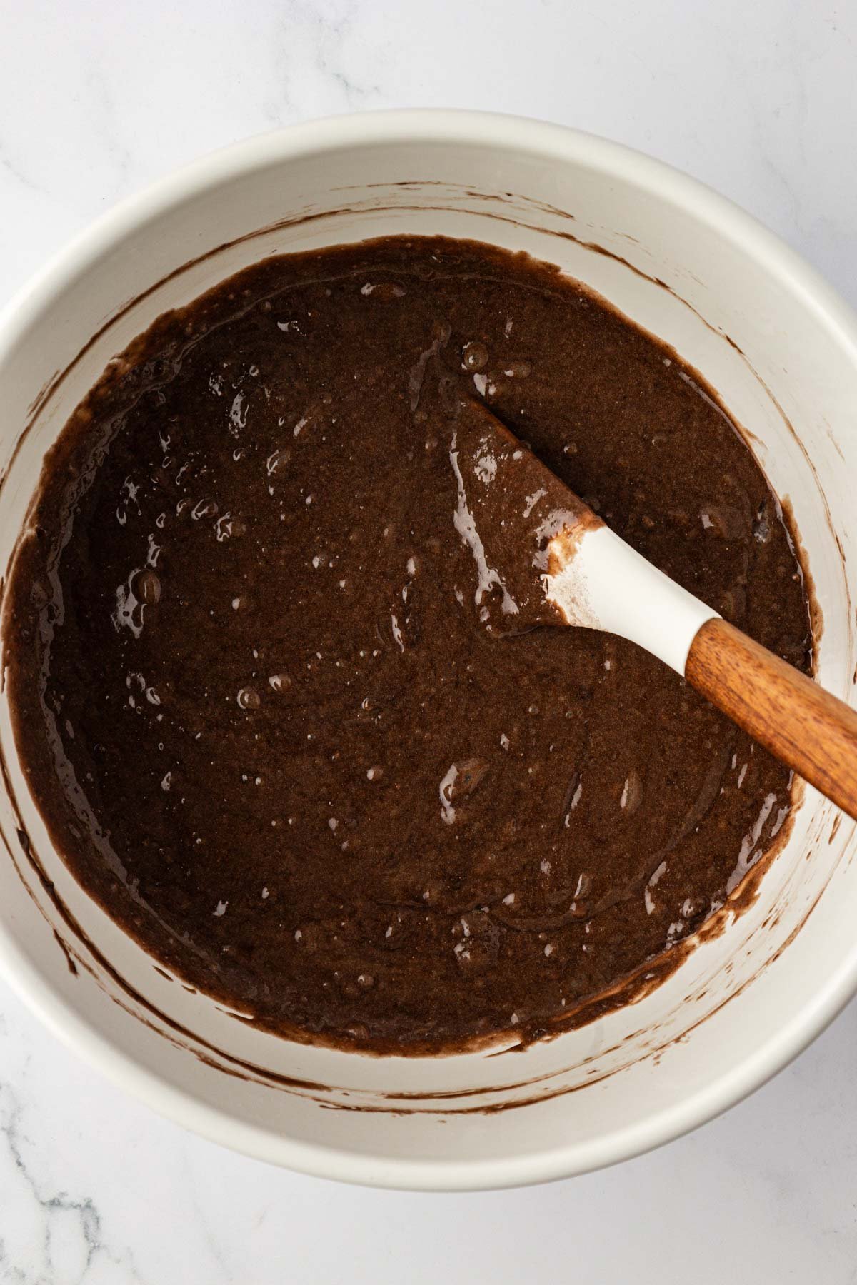 cake mix chocolate muffin batter in a mixing bowl