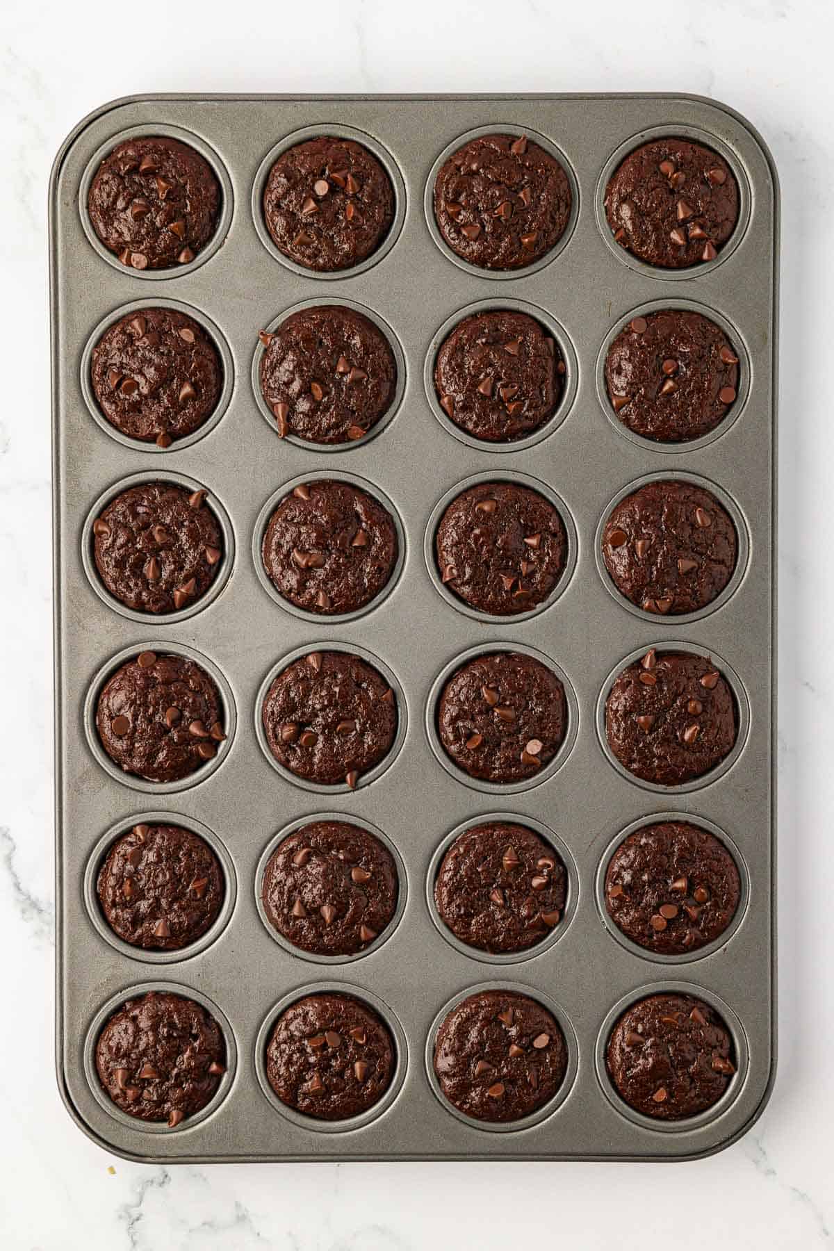 chocolate mini muffins in the mini muffin tin