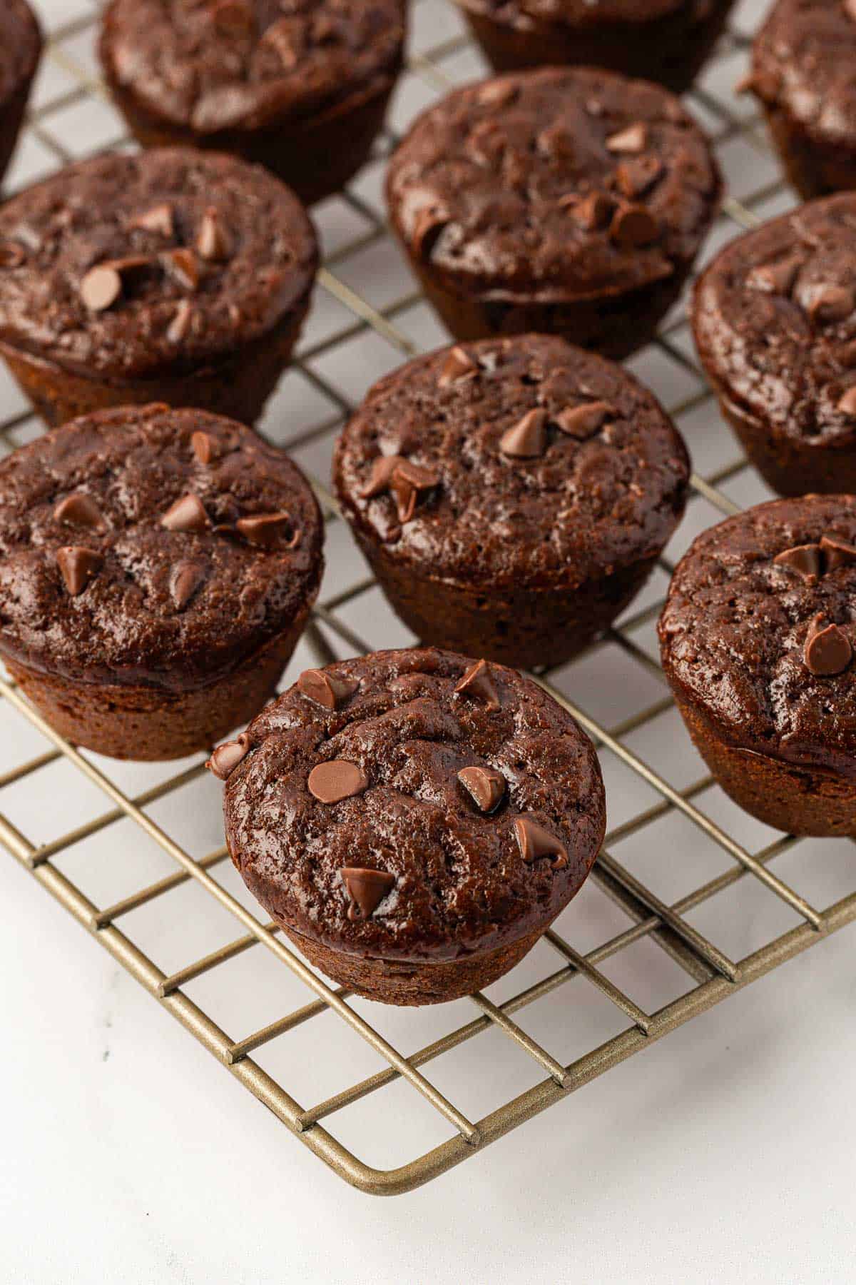 chocolate mini muffins on a wire cooling rack