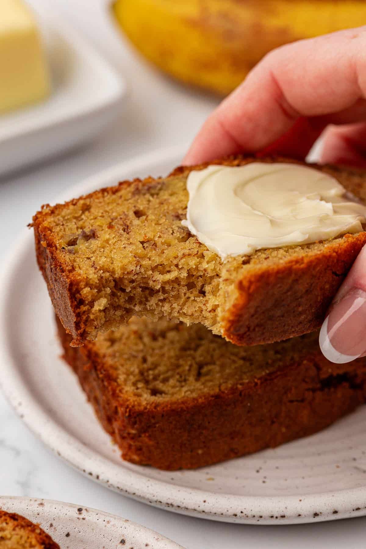 slice of cake mix banana bread with a bite taken out