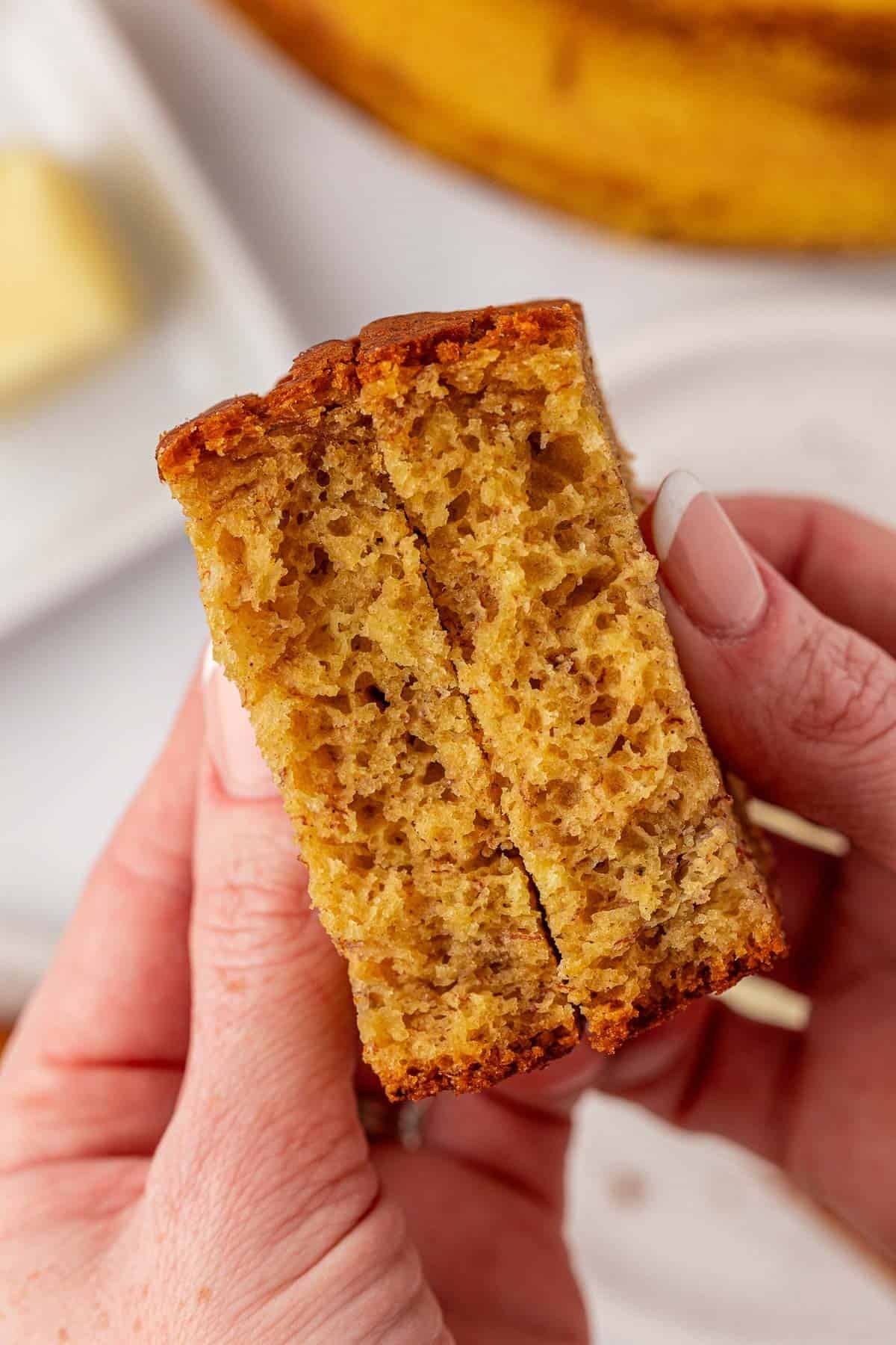 banana bread cut in half to show the texture